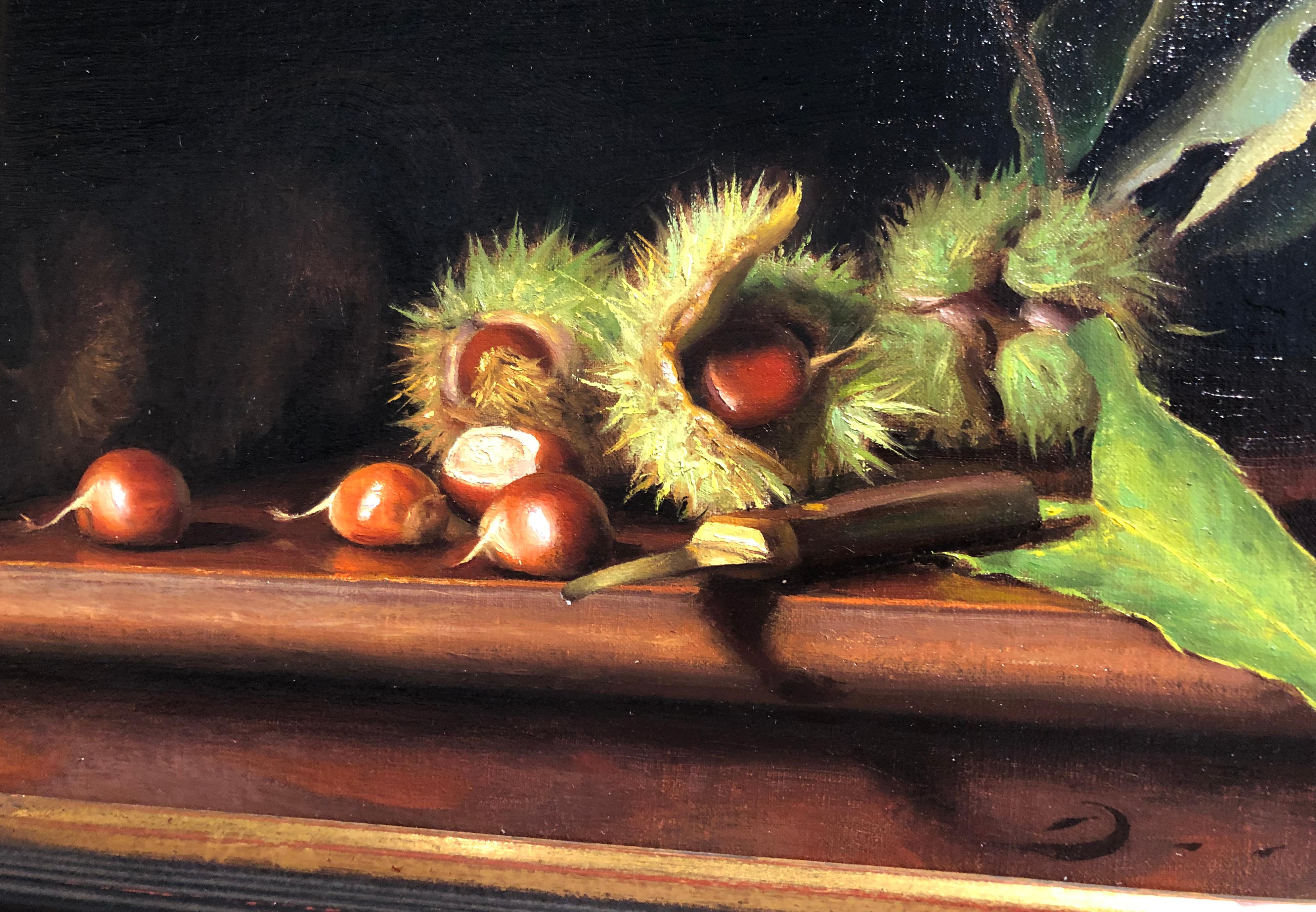 “Still Life with Freshly Fallen Chestnuts” (Realist Oil Painting)  For Sale 1