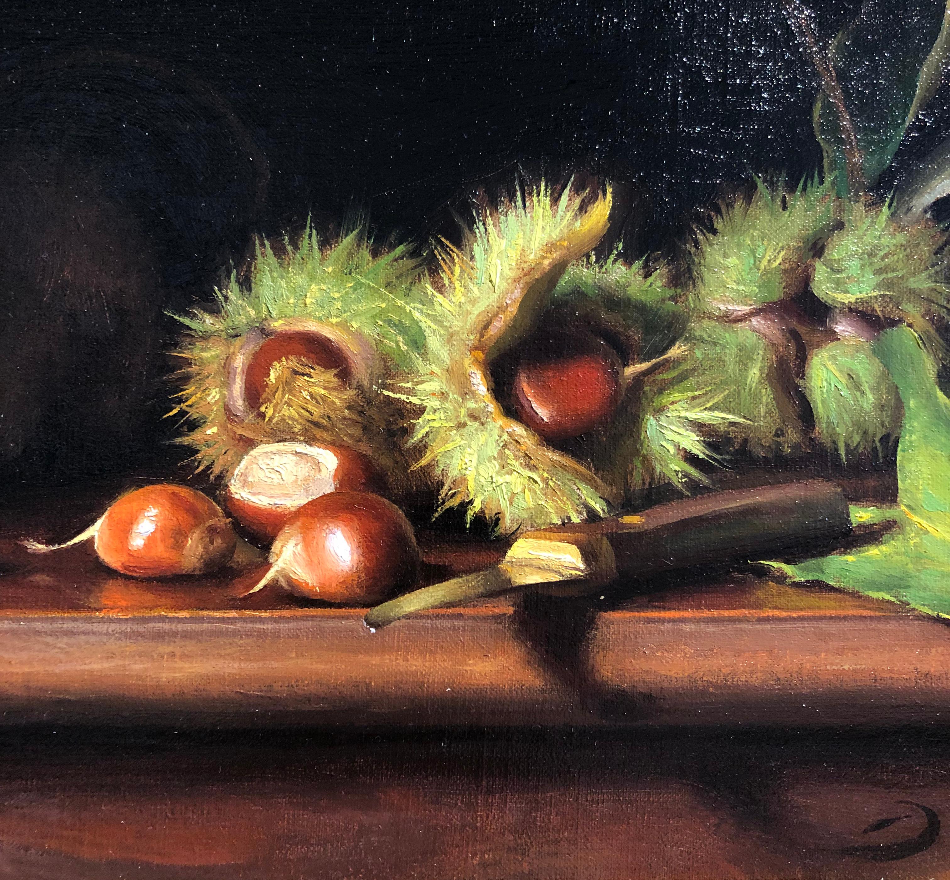 “Still Life with Freshly Fallen Chestnuts” (Realist Oil Painting)  For Sale 2
