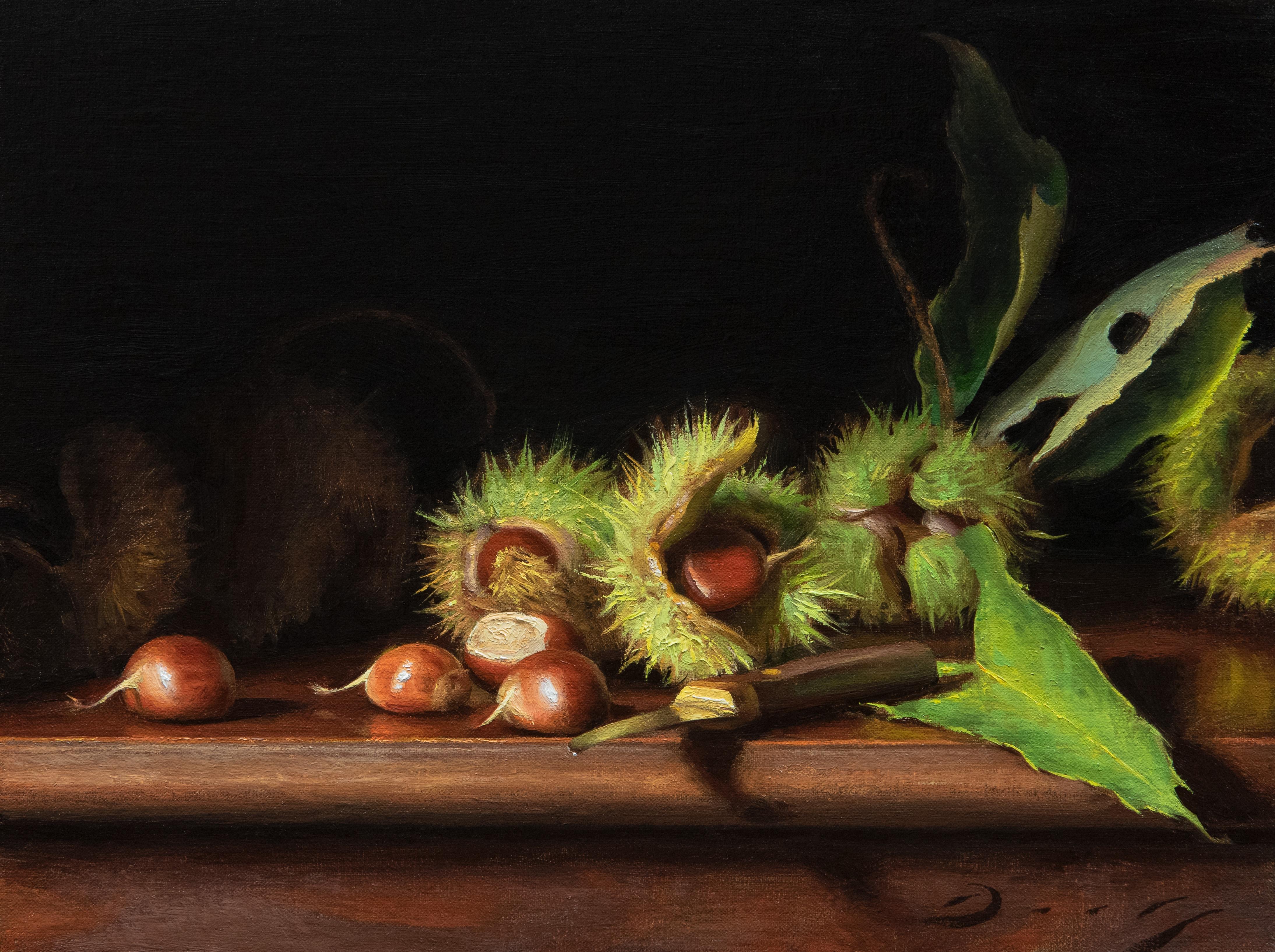 Joseph Q. Daily Still-Life Painting - “Still Life with Freshly Fallen Chestnuts” (Realist Oil Painting) 