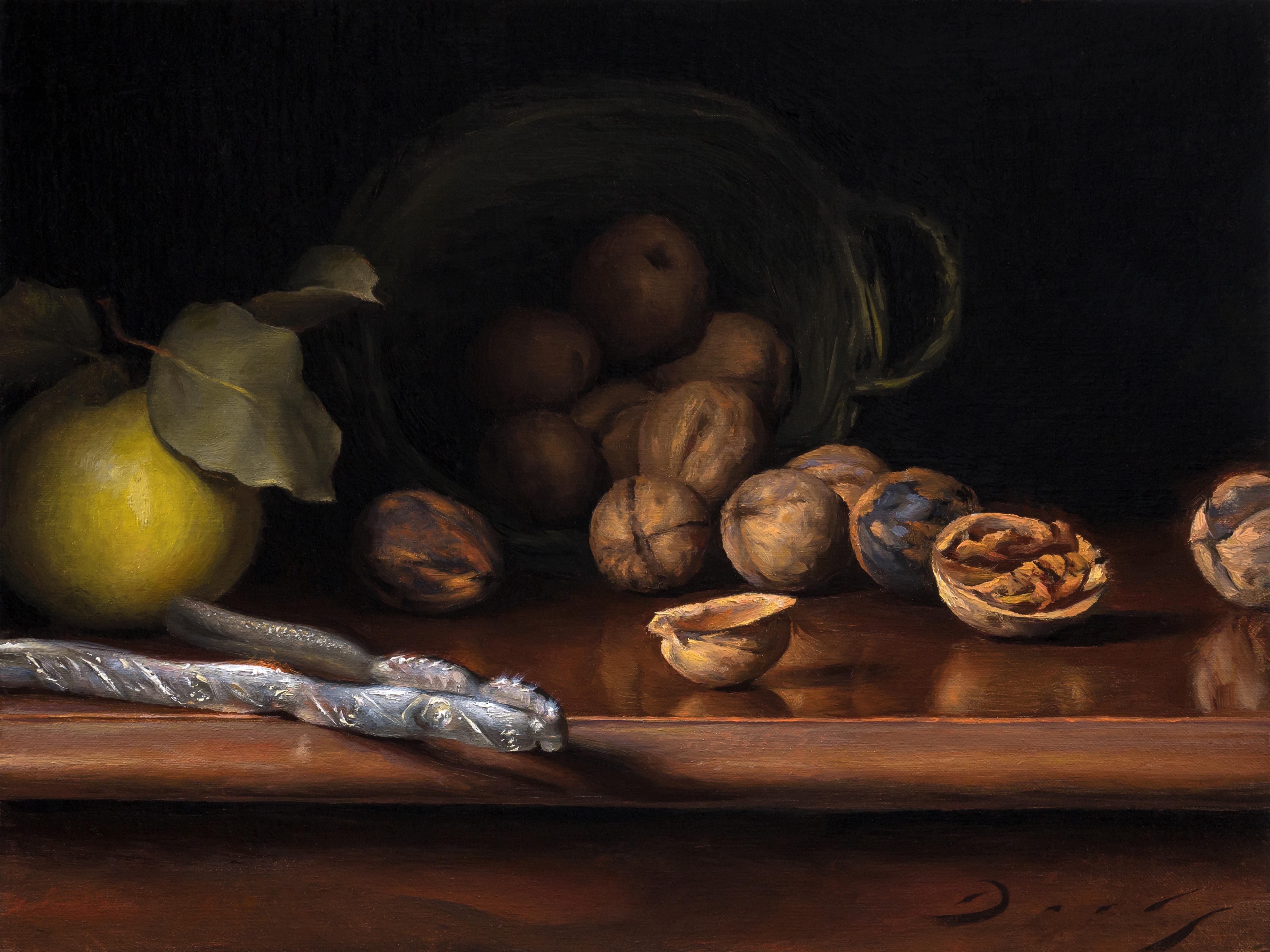 Joseph Q. Daily Still-Life Painting - "Still Life with Walnuts and Quince" (Realist oil painting) 
