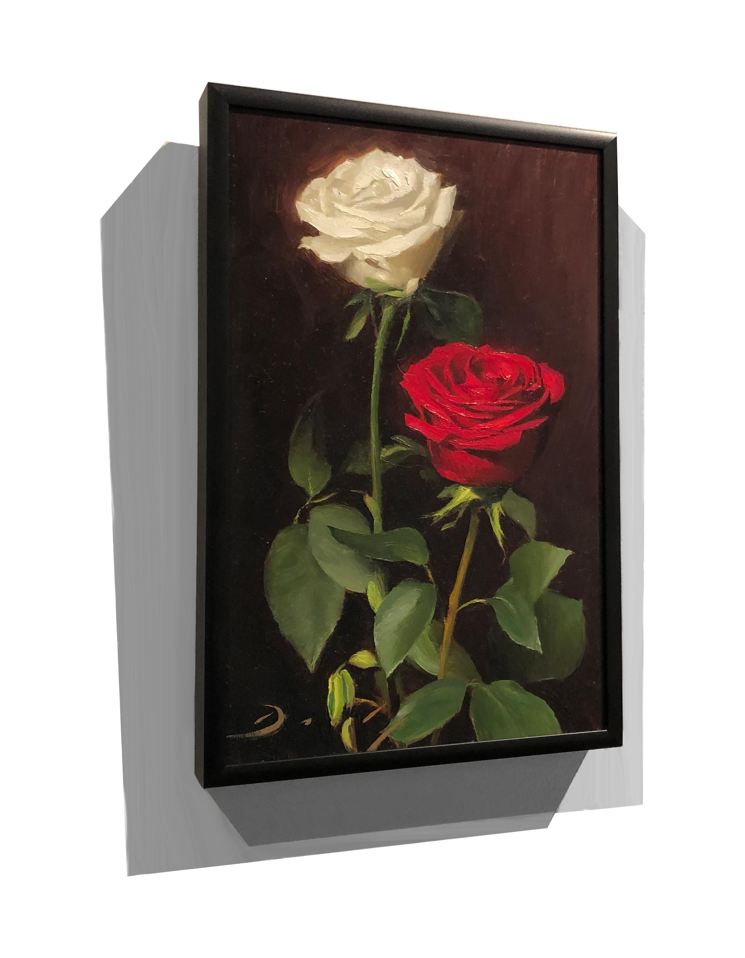Realist oil painting featuring roses, 