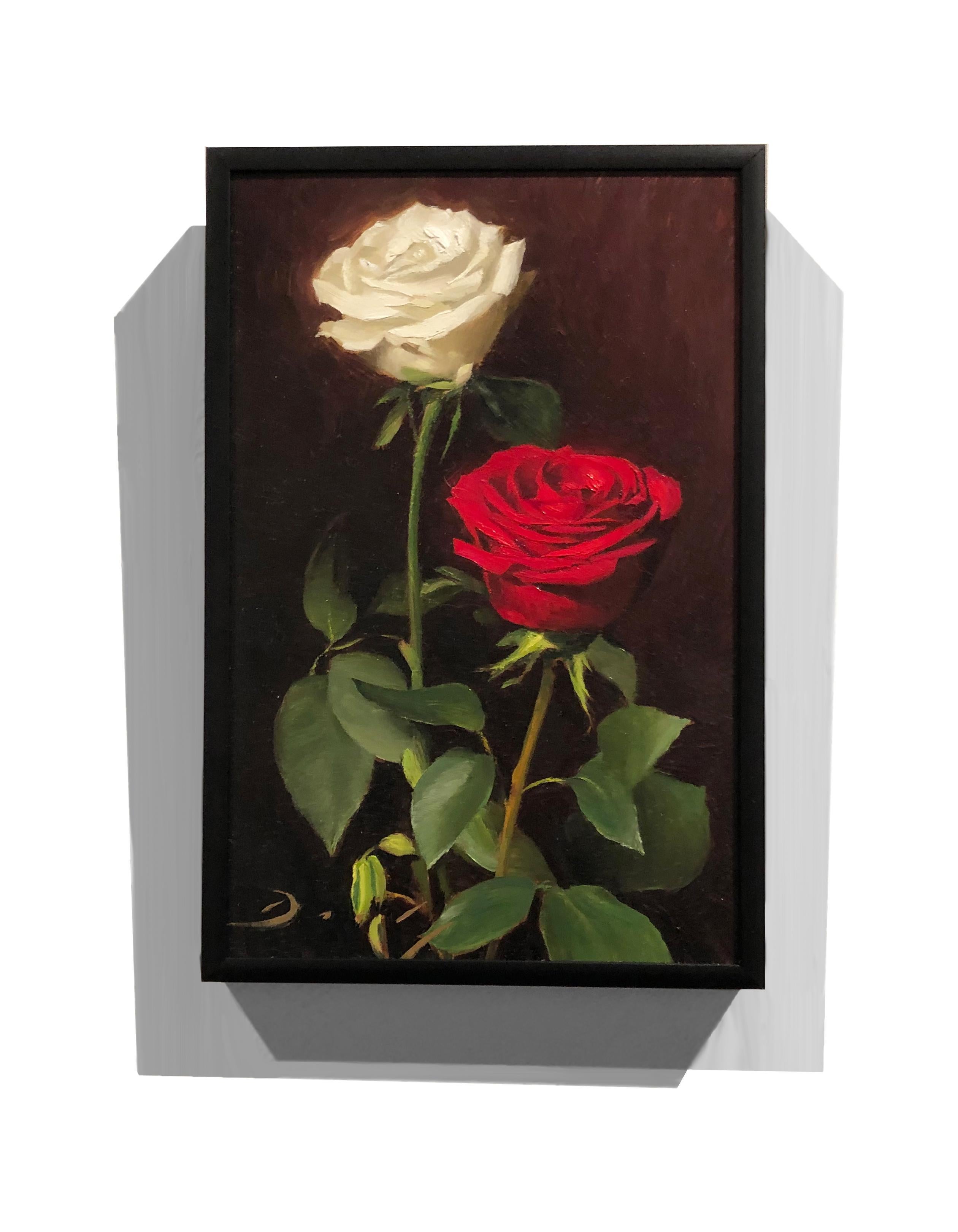 Realist oil painting featuring roses, 