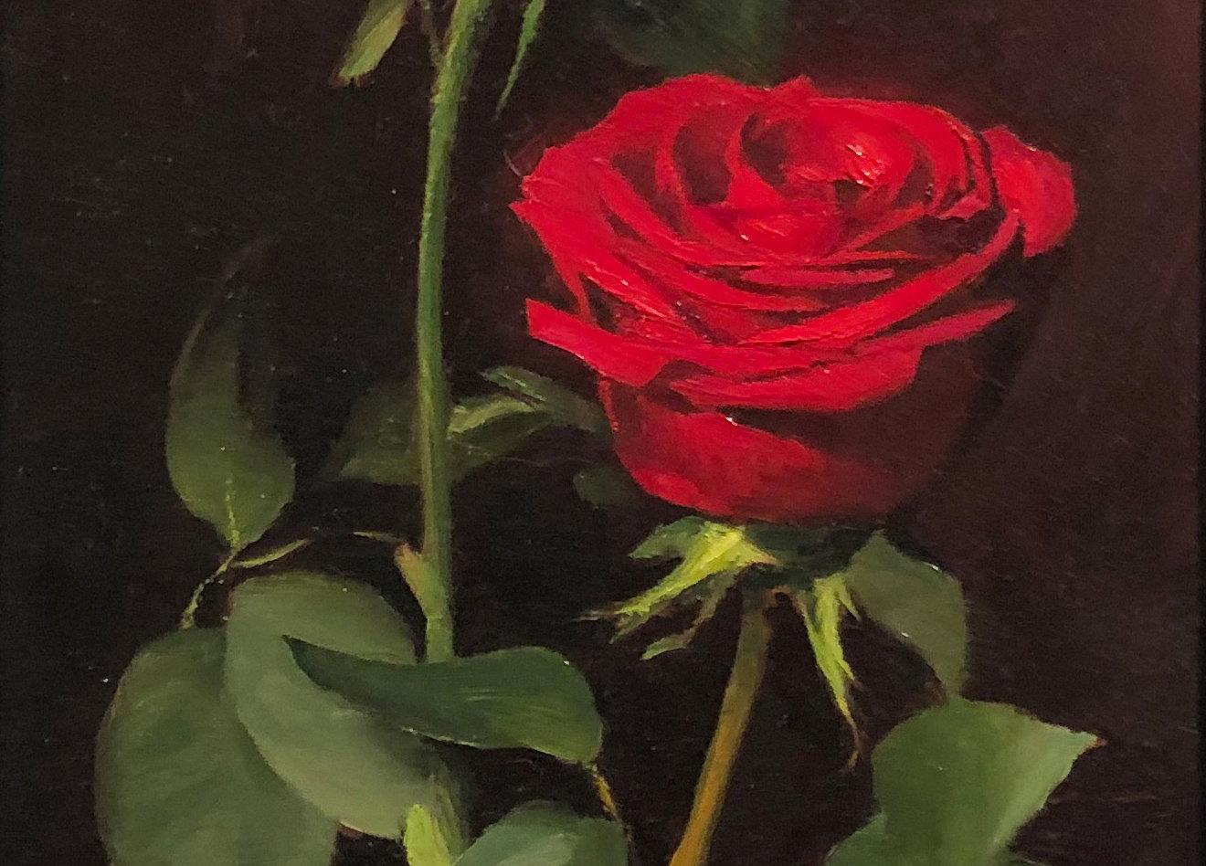 Realist oil painting featuring roses, 