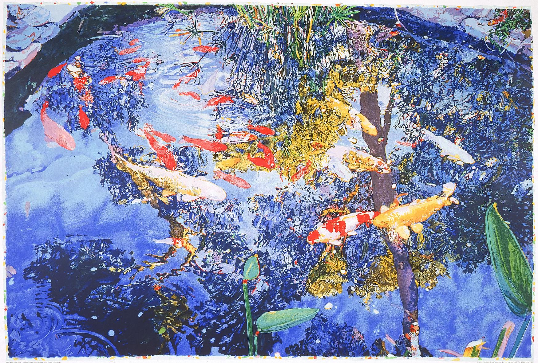 Écran de l'étang, 2004 par Joseph Raffael (rouge et jaune koi dans l'étang)