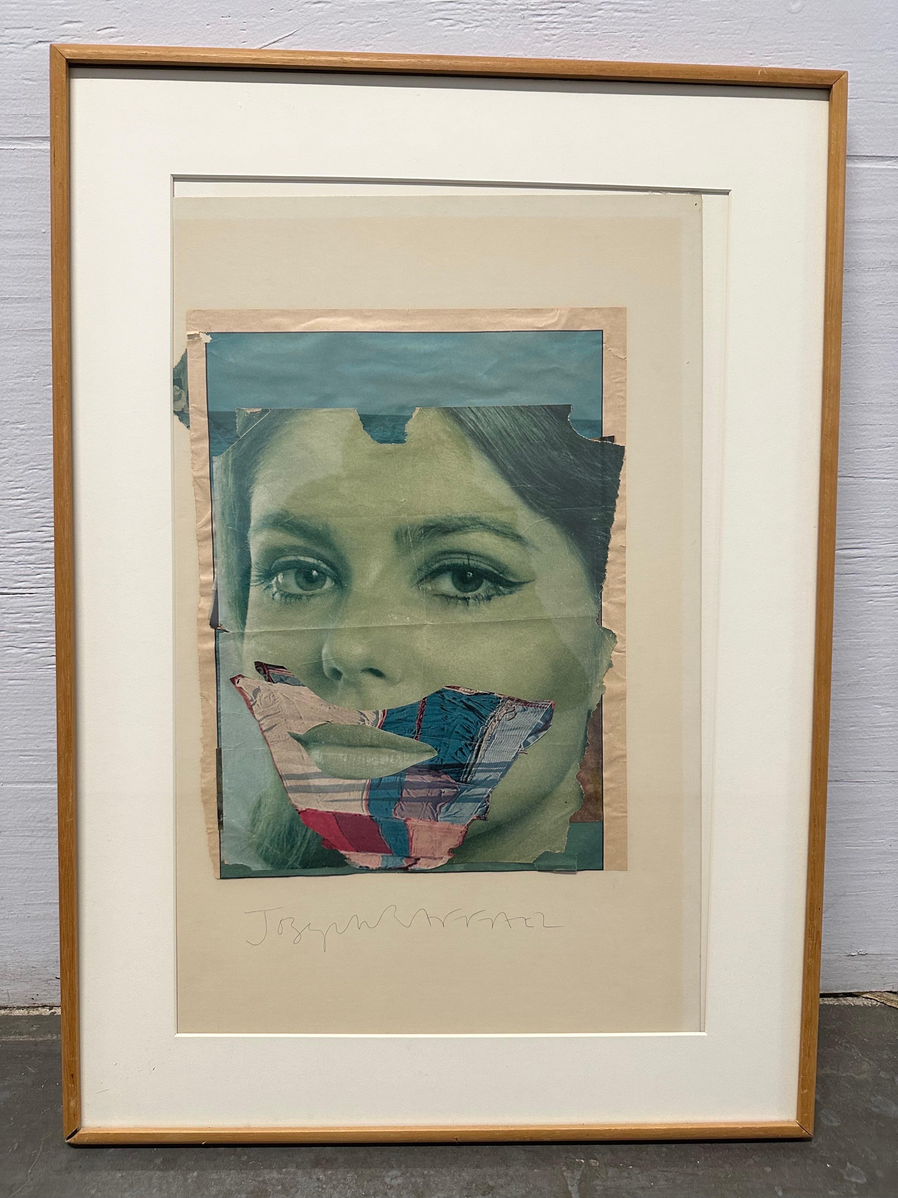 Joseph Raffael (NYC, 1933-2021), Surrealist Portrait of a Woman, collaged magazine photographs assembled on cardboard, pencil signed lower margins, matted and wood slat framed under glass, 13.5