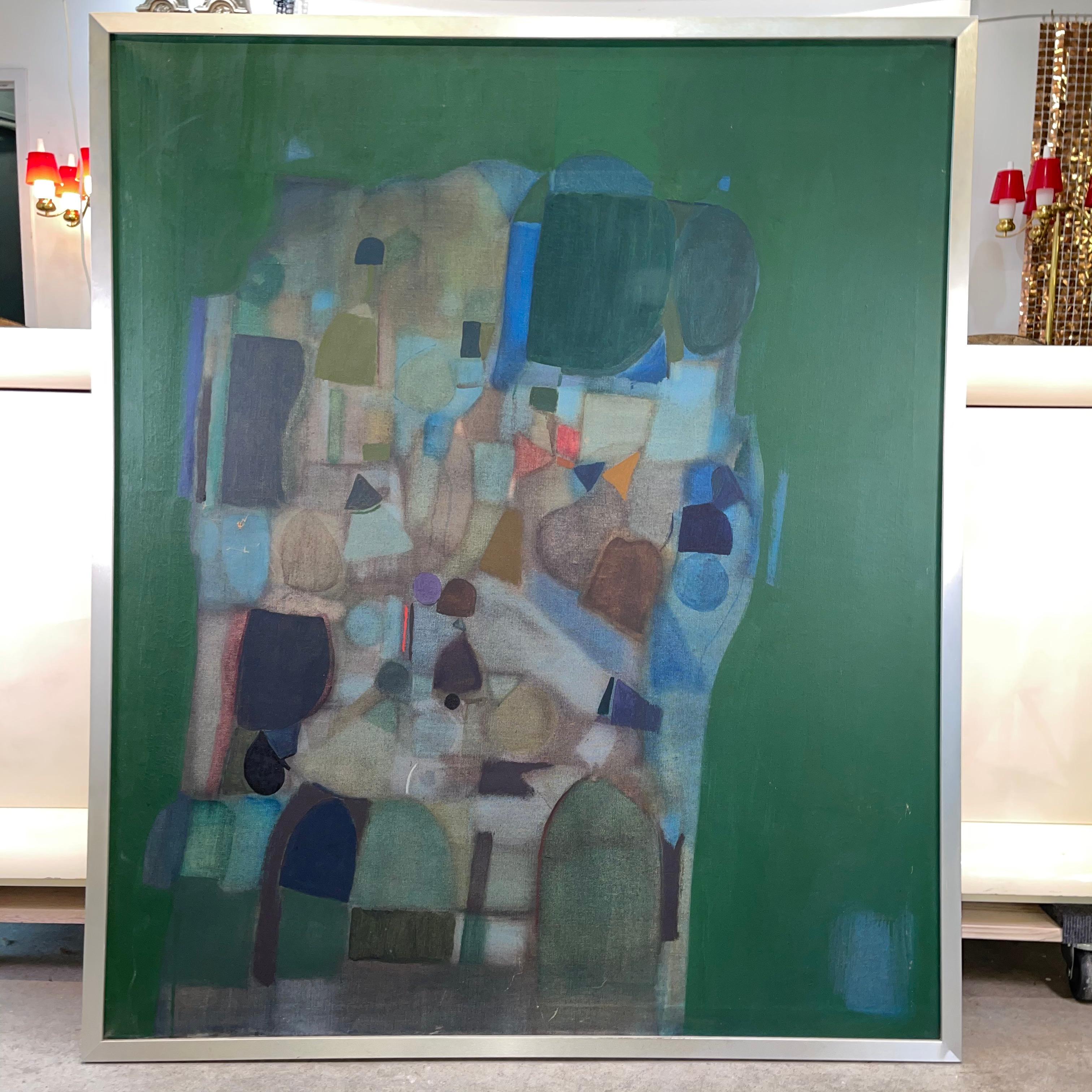 Large abstract modernist oil on canvas painting by Joseph Raffaele / Raffael (born 1933) from his first solo exhibition at Kanegis Gallery, Newbury St. Boston in November 1958.
Concurrently Raffaele had left for Italy on a two year Fulbright