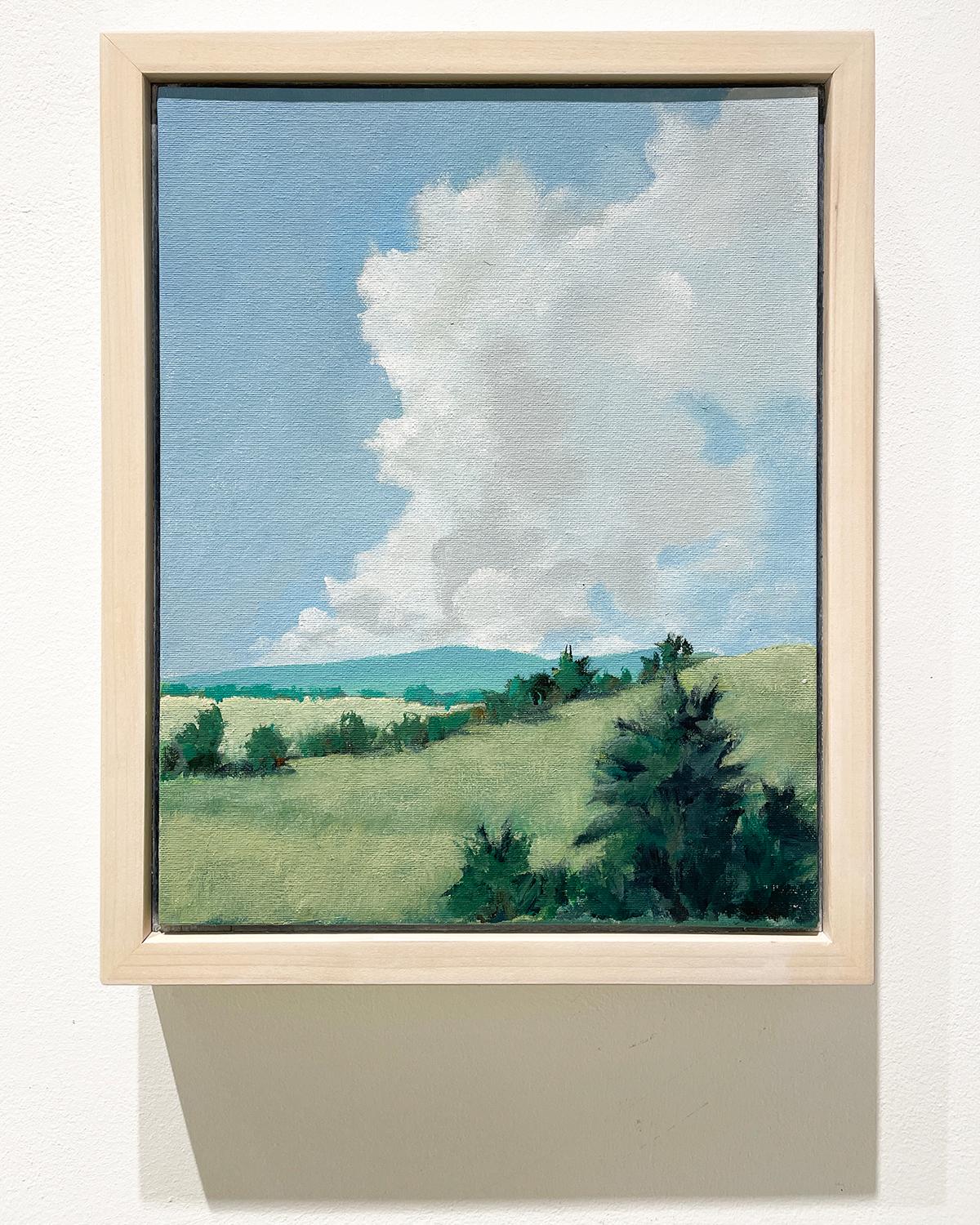 Catskills from Claverack (Plein Air Hudson Valley Landscape Painting, Framed)
14 x 11 inches, 15.75 x 12.75 inches framed, white stained wood floater frame

This landscape painting by the artist and carpenter Joseph Rapp depicts the Catskill