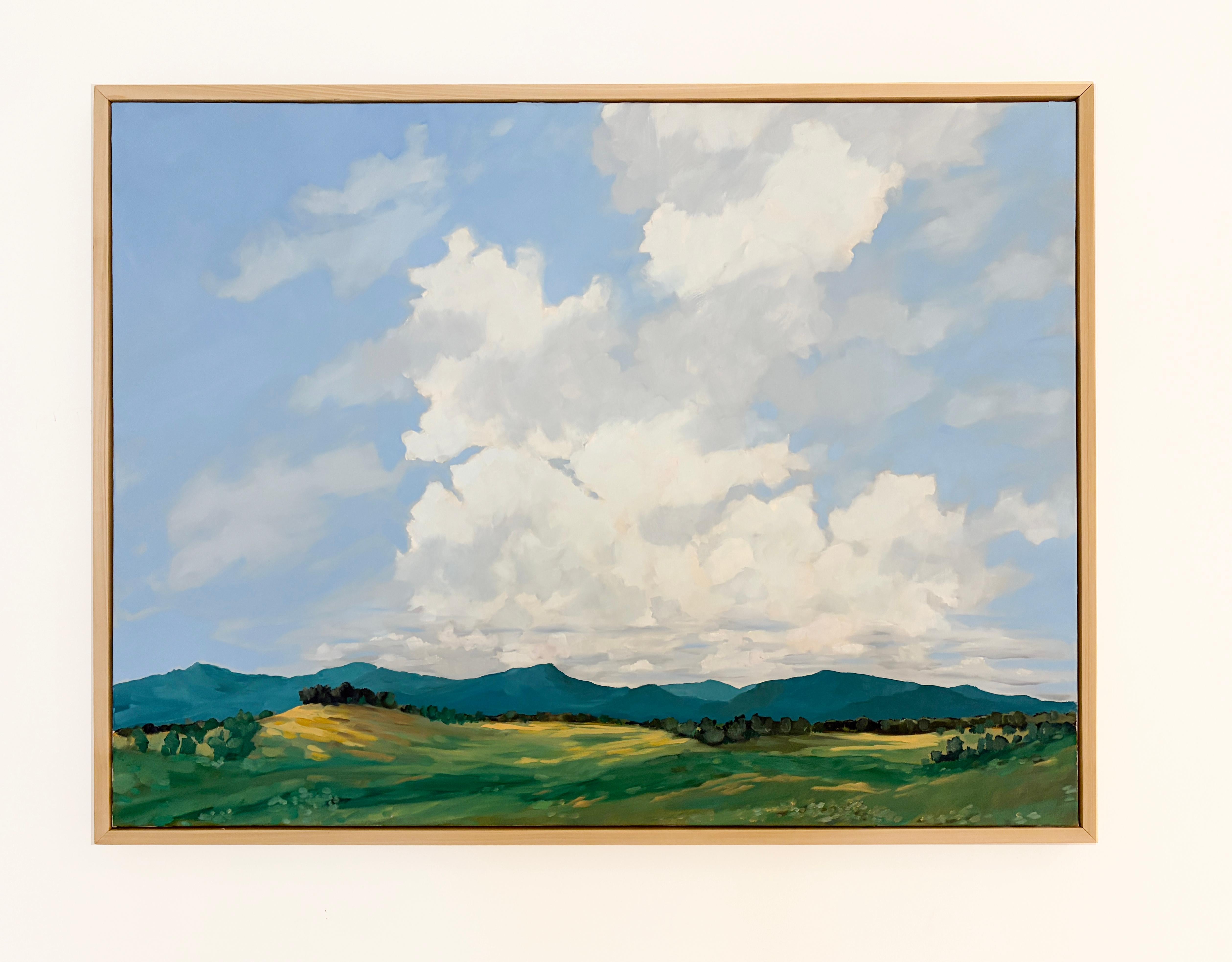 Contemporary landscape oil painting of Catskill Mountains with Billowing White Clouds
'October Fields' by Joseph Rapp
36 x 48 inches, oil on canvas
37.75 x 49.75 x 2 inches artist made natural floater frame

Joseph Rapp’s craftsmanship is apparent