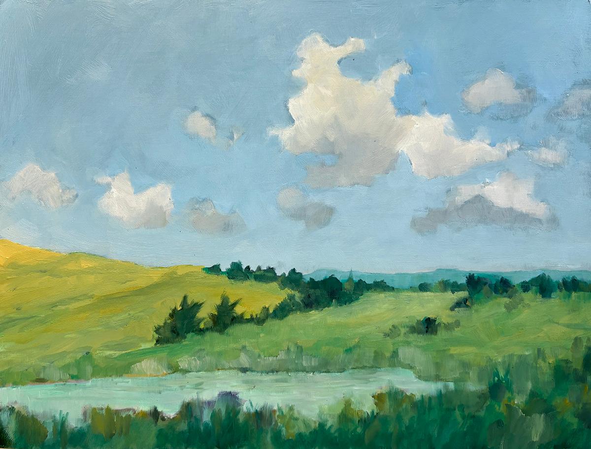 Pond at Livingston (Plein Air Oil Landscape Painting with Soft White Clouds)