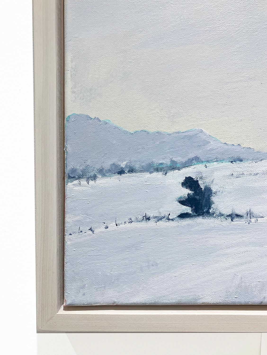 Modern en plein air winter landscape oil painting on canvas of a white snow-blanketed countryside 
'Midsummer' by Joseph Rapp
16 x 20 inches, acrylic on canvas
17.75 x 21.75 inches framed in white stained wood floater frame

Joseph Rapp’s