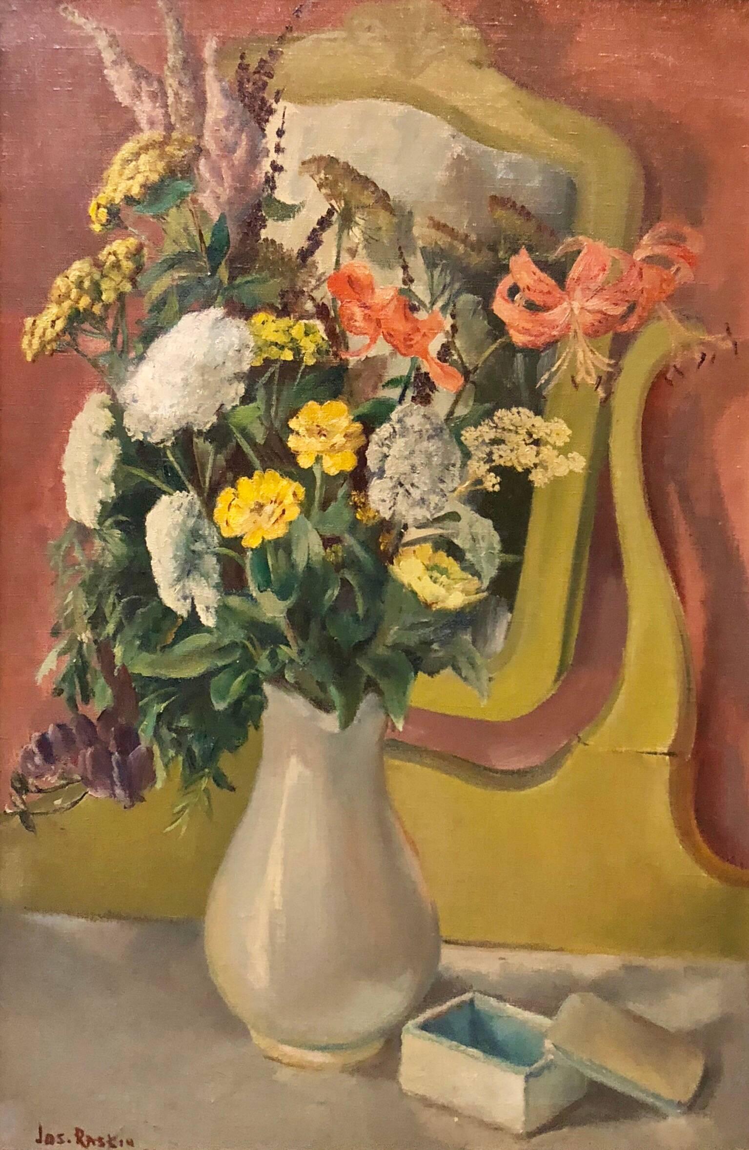 VASE WITH FLOWERS IN THE MIRROR, modernistisches Ölgemälde – Painting von Joseph Raskin