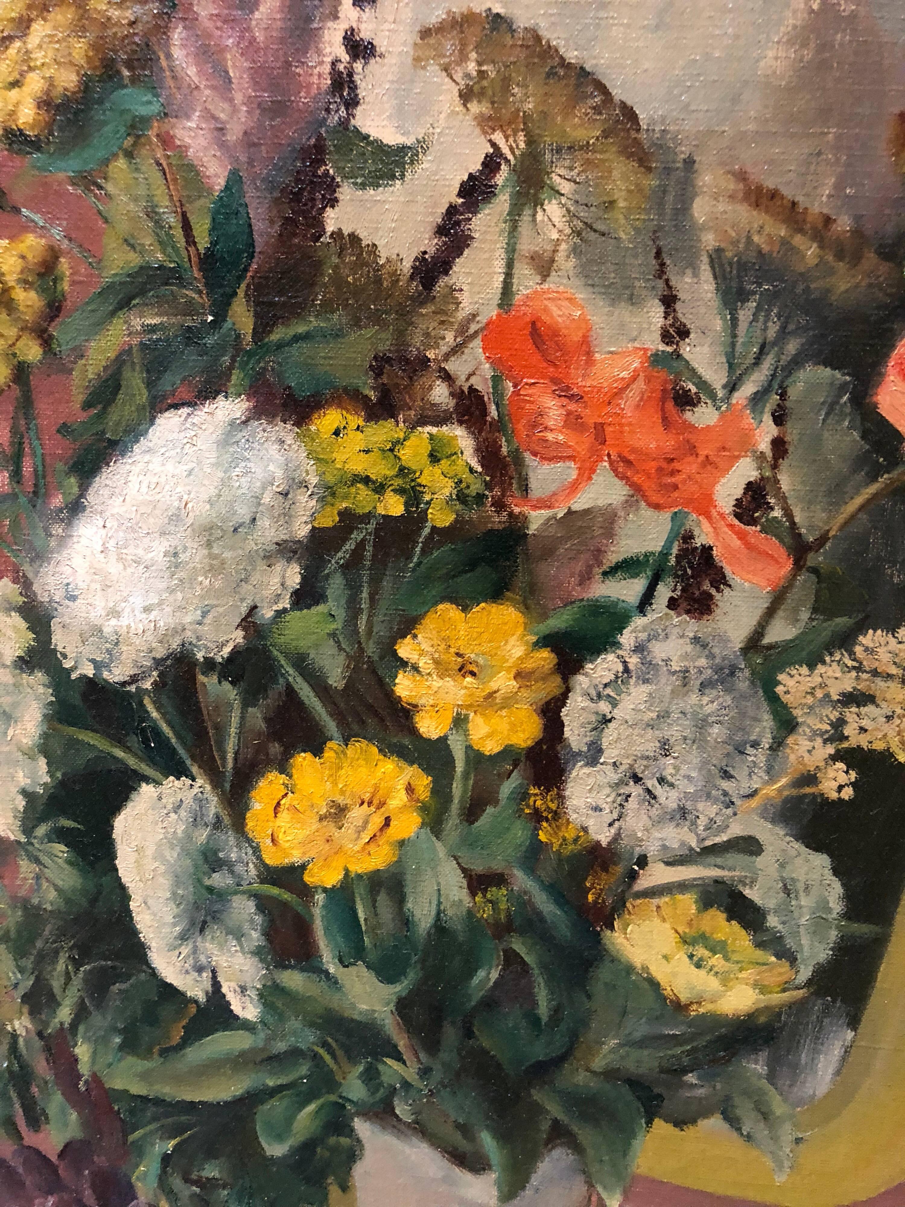 Vaso con fiori nello specchio Pittura ad olio modernista - Painting American Modern di Joseph Raskin