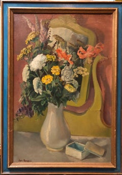Vintage VASE WITH FLOWERS IN THE MIRROR Modernist Oil Painting