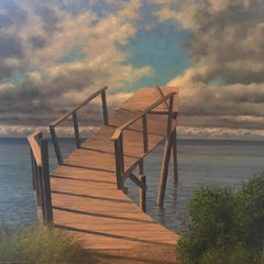 "After the Winter" Broken Dock with Clouds and Grasses in Blue Brown Green