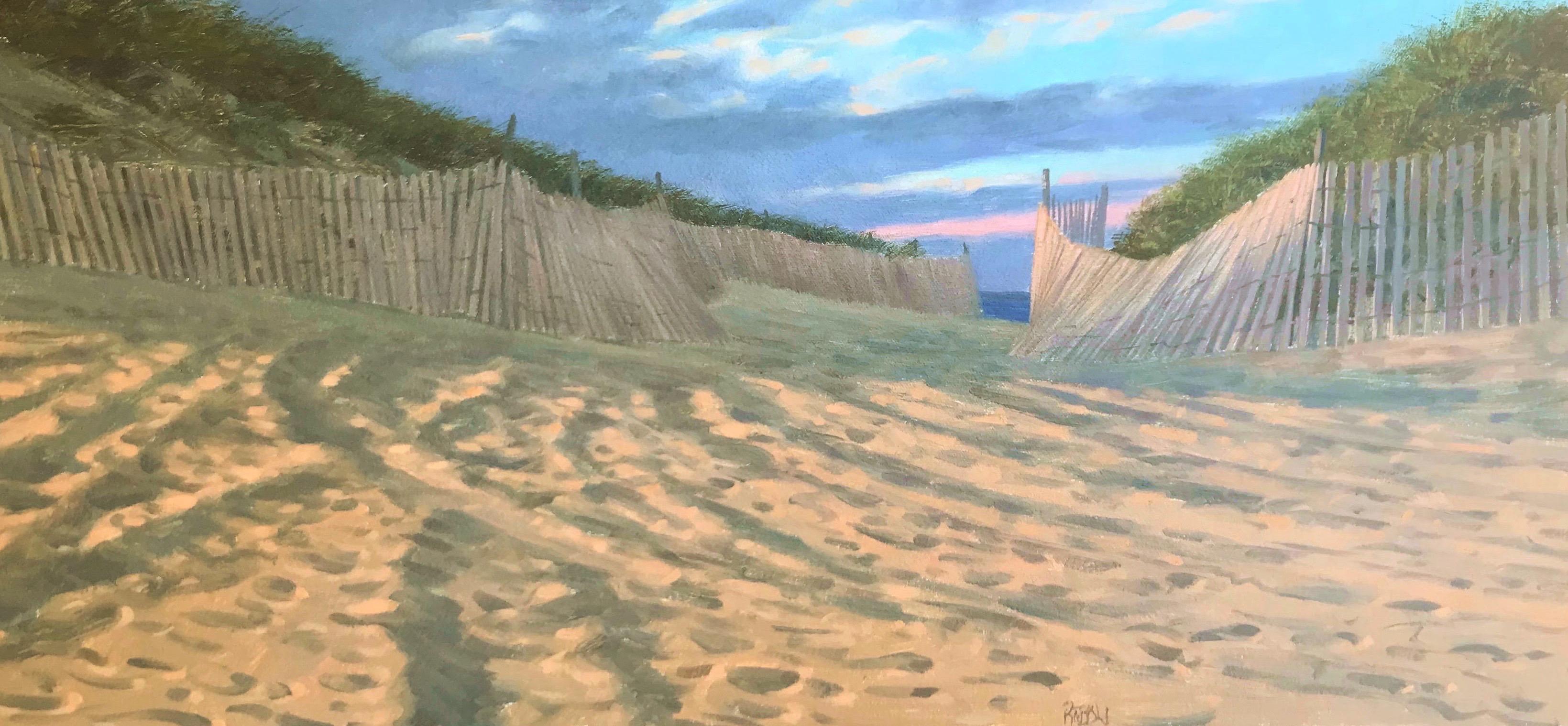 Joseph Reboli Landscape Painting - "Beach Path" Sandy Beach with fence in Yellows Blues with Pink in Sunset Sky 