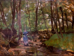 19th Century French woodland scene with girl by a stream by Rerolle