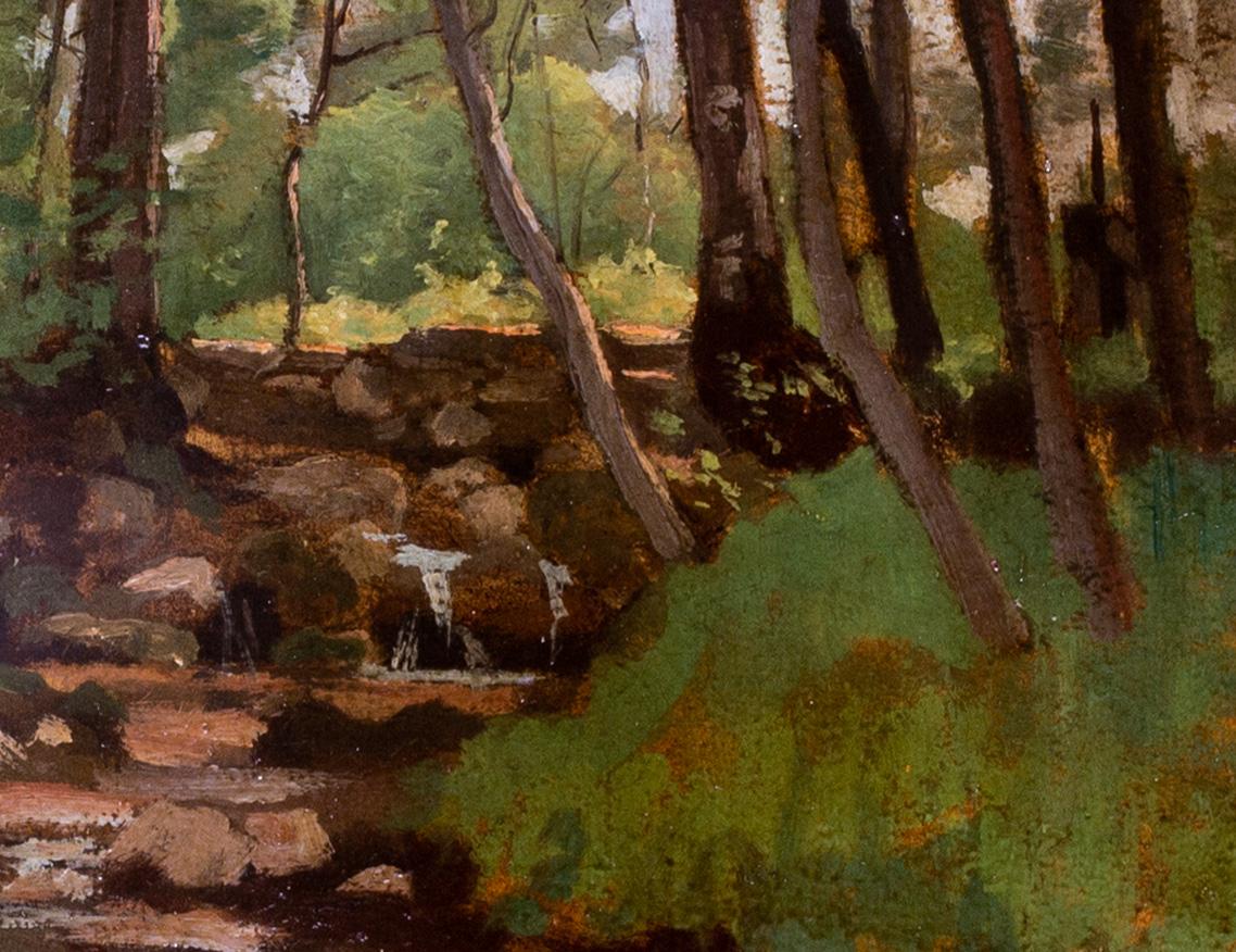 Scène française du 19ème siècle avec une fille près d'un ruisseau par Rerolle - Marron Figurative Painting par Joseph Rerolle
