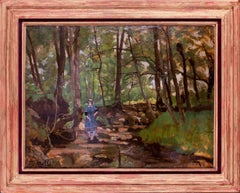 19th Century French woodland scene with girl by a stream by Rerolle