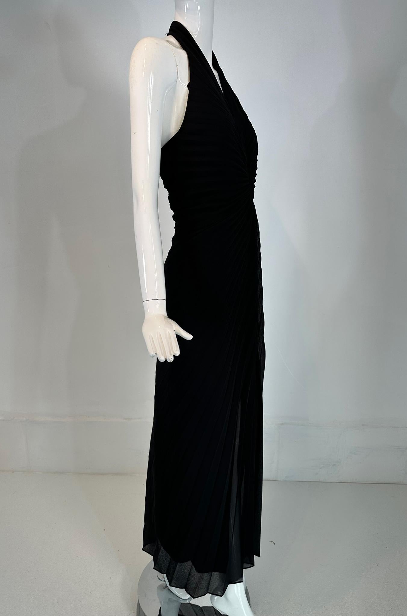 Women's Joseph Ribkoff Black Crepe Plunge V Neckline Sunburst Pleat Halter Neck Dress 6 For Sale