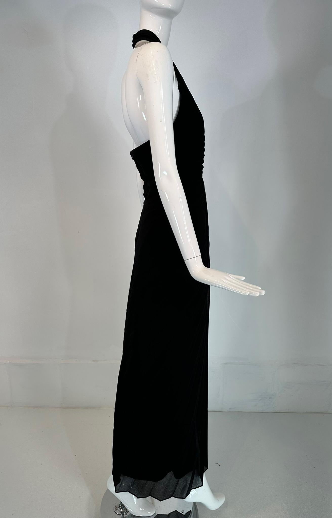 Joseph Ribkoff Black Crepe Plunge V Neckline Sunburst Pleat Halter Neck Dress 6 For Sale 1