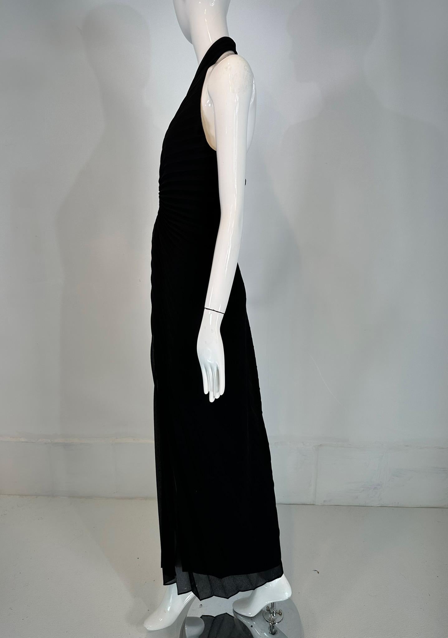 Joseph Ribkoff Black Crepe Plunge V Neckline Sunburst Pleat Halter Neck Dress 6 For Sale 5