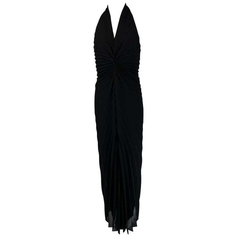 Joseph Ribkoff Black Crepe Plunge V Neckline Sunburst Pleat Halter Neck  Dress 6 at 1stDibs