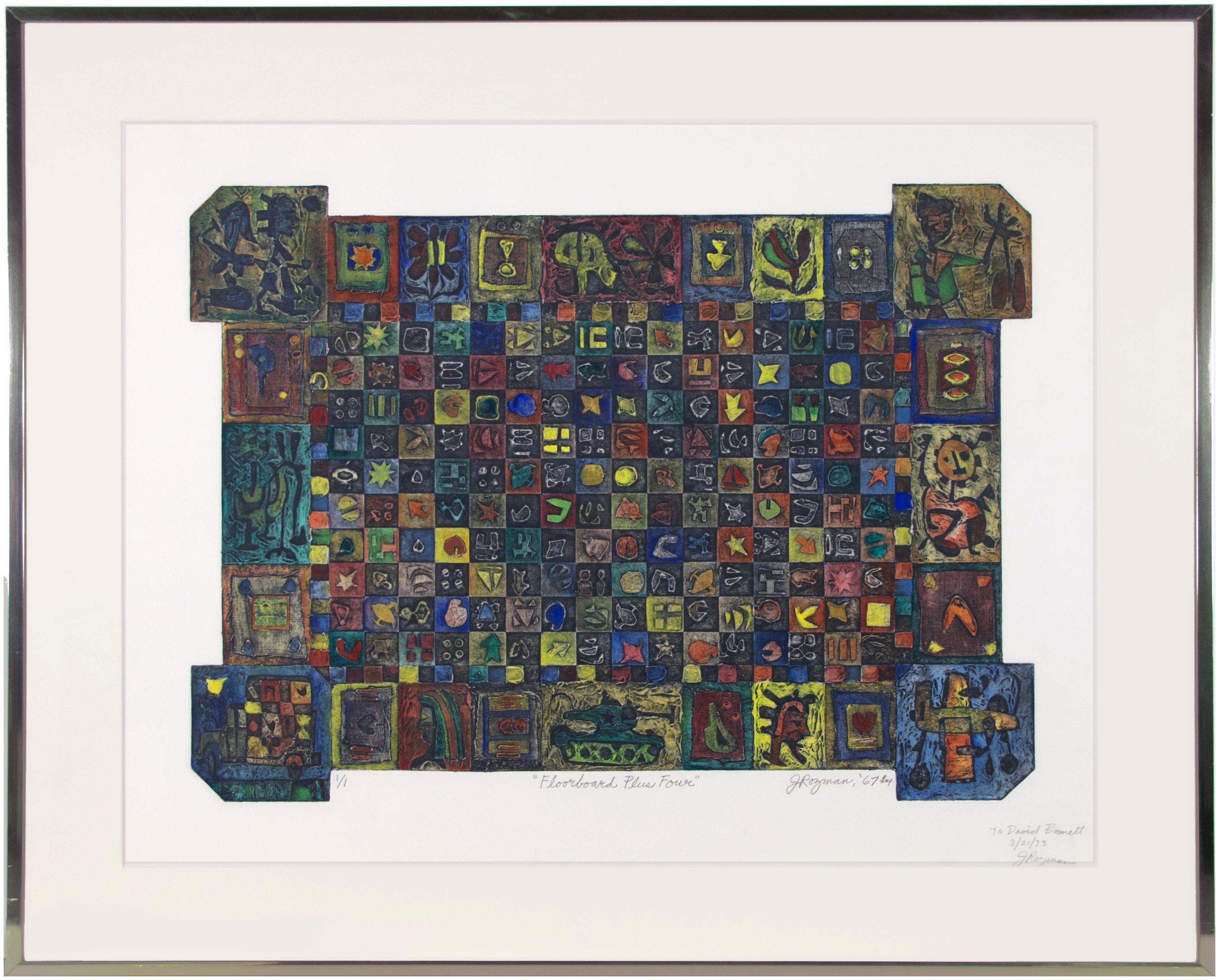 Die vorliegende einzigartige Collagierung ist ein hervorragendes Beispiel für den malerischen Stil von Joseph Rozman. Die Komposition ist wie ein Kachelboden aufgebaut, wobei jedes Quadrat ein abstrahiertes Bild oder Symbol enthält. Um die Grenze