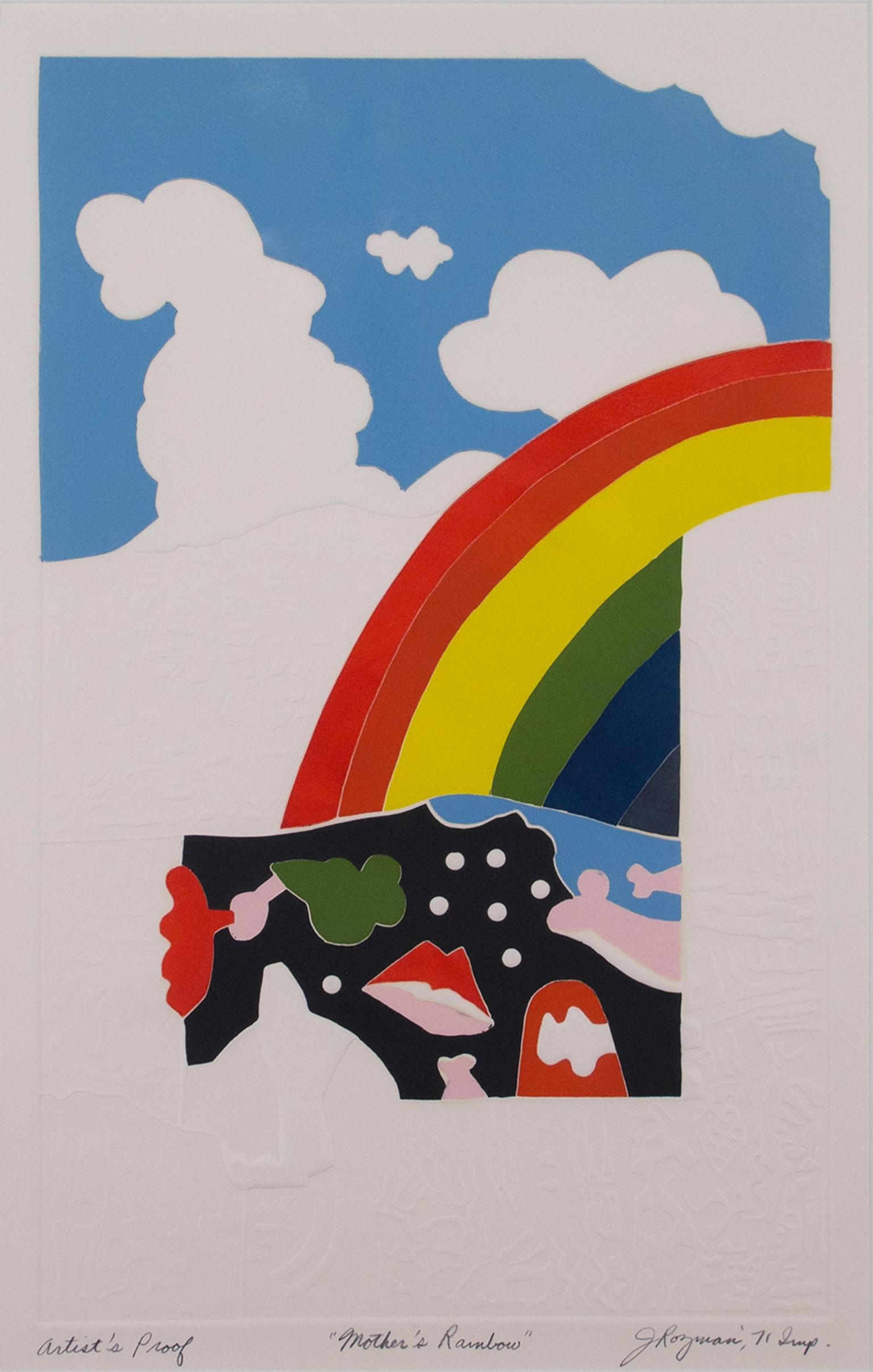 "Mother's Rainbow, A.P." est une gravure et un gaufrage originaux de Joesph Rozman. L'artiste a signé, titré et daté l'œuvre sous l'image. C'est une épreuve d'artiste. L'œuvre d'art présente un arc-en-ciel, un espace négatif en relief et un ciel