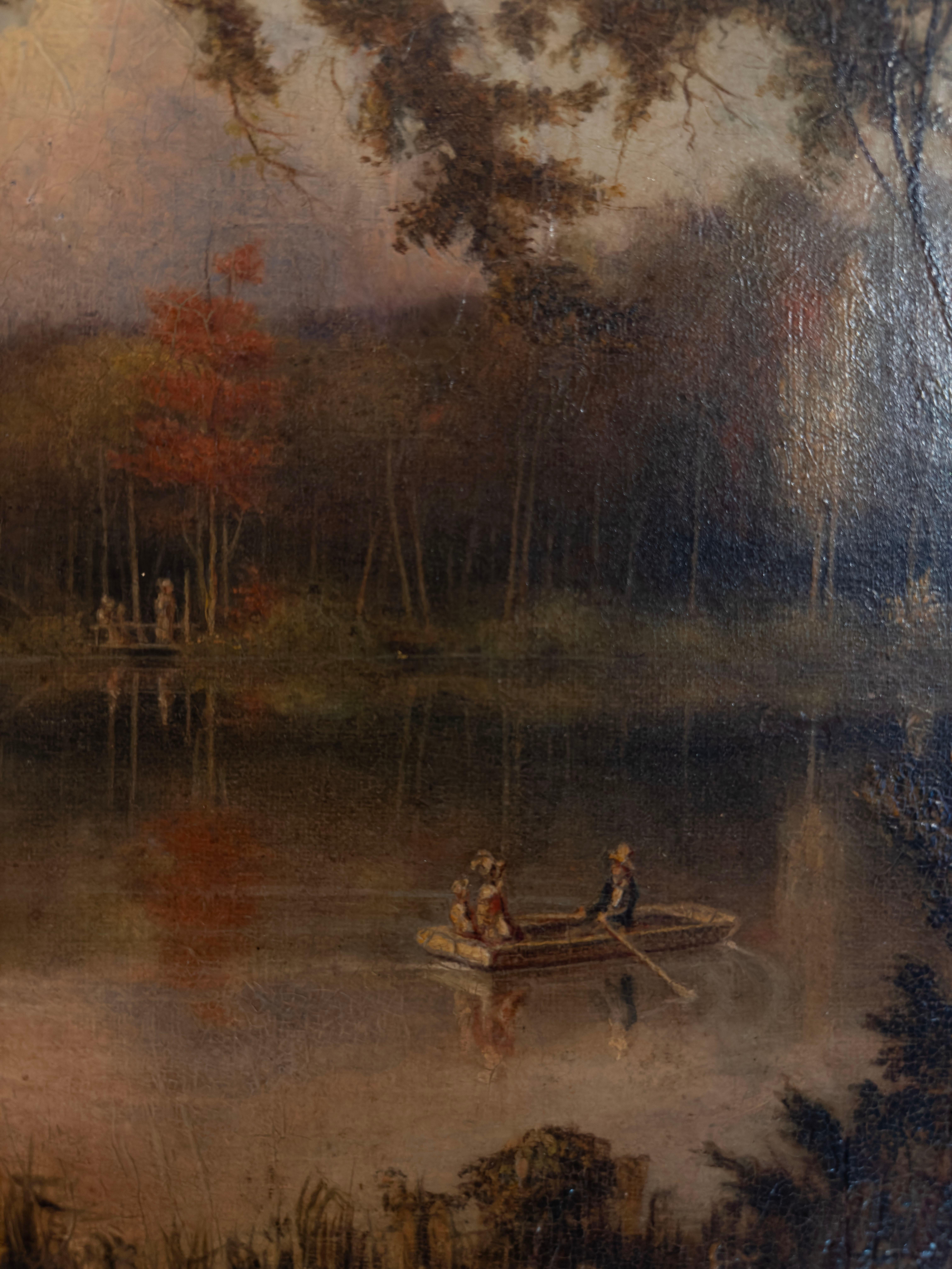 Ölgemälde des 19. Jahrhunderts 

Signiert JR Meeker (unten links) 

Eine frühherbstliche Landschaft des amerikanischen Südens mit zwei Bootsfahrern auf einem See, gemalt im Stil der Hudson River School. 

Joseph Rusling Meeker (Amerikaner,