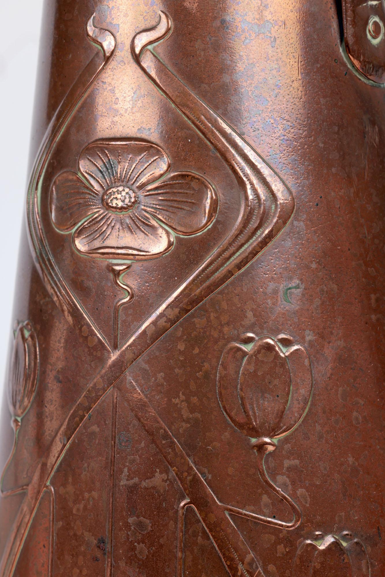 Hand-Crafted Joseph Sankey Art Nouveau Stylized Floral Pattern Copper Pitcher For Sale