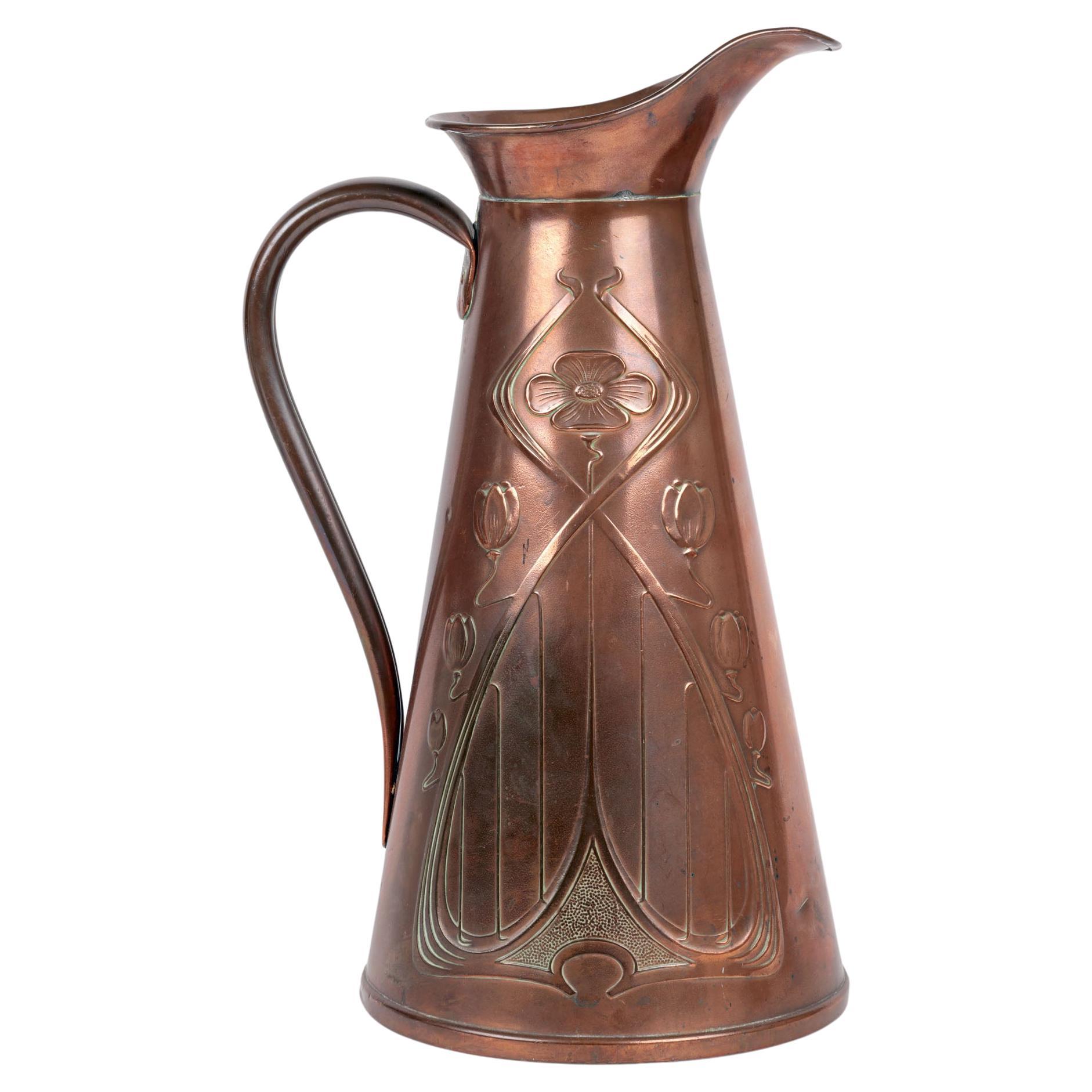 Joseph Sankey Art Nouveau Stylized Floral Pattern Copper Pitcher For Sale