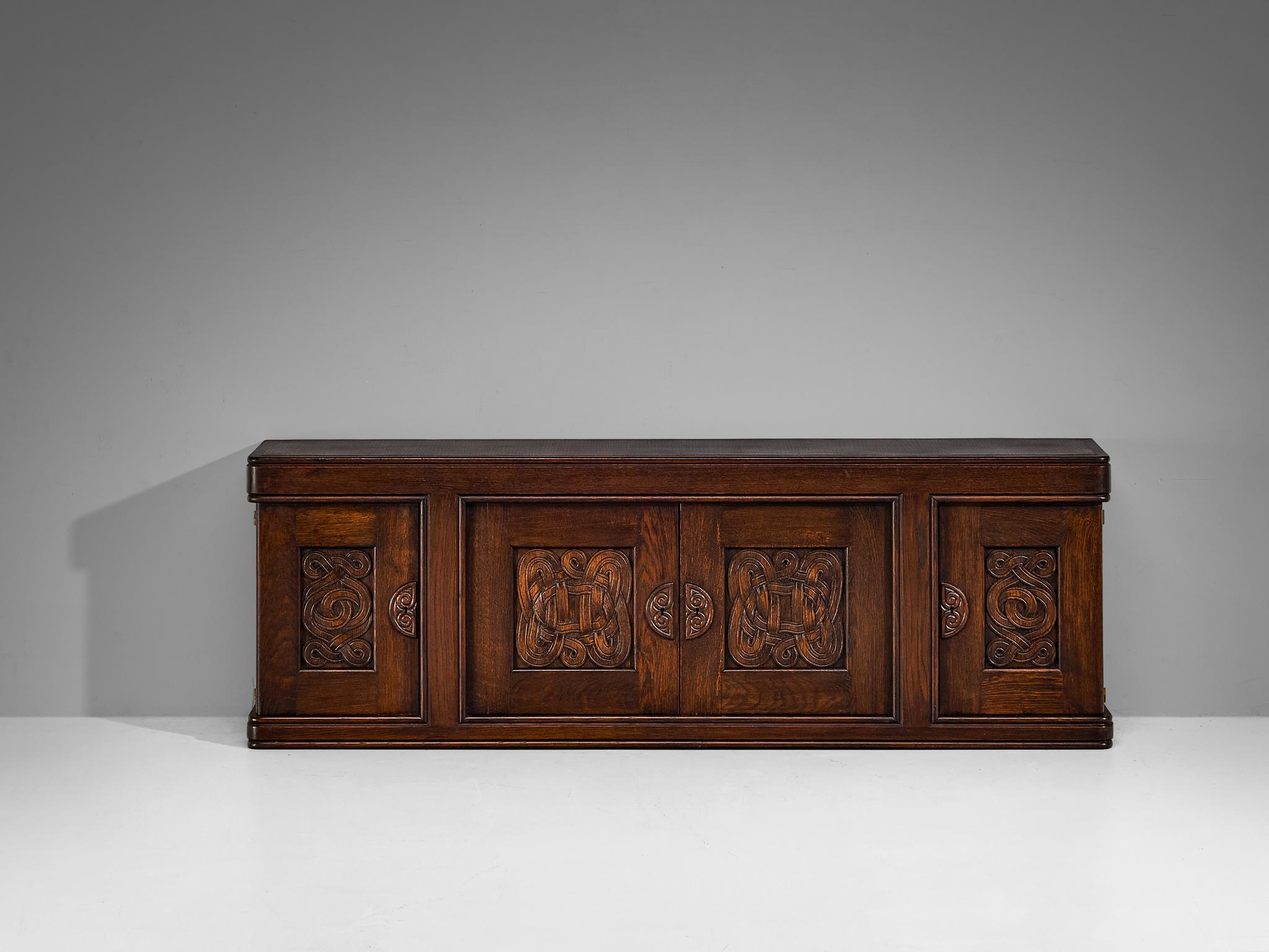 Joseph Savina Cabinet with Intricate Carvings in Oak  In Good Condition For Sale In Waalwijk, NL