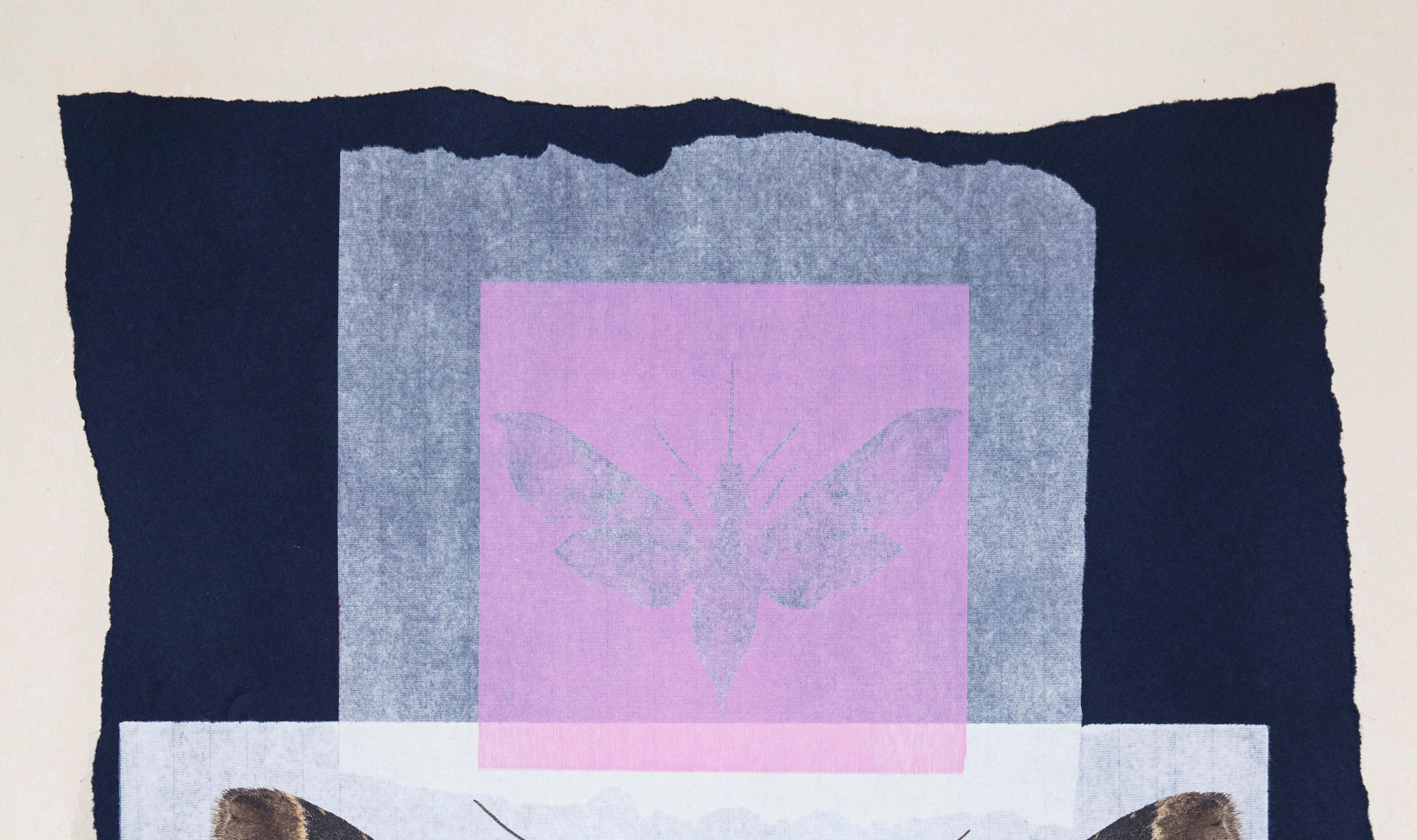 Monotype contemporain encadré d'un collage de motifs papillons et de motifs naturels roses et bleus - Naturalisme Print par Joseph Scheer