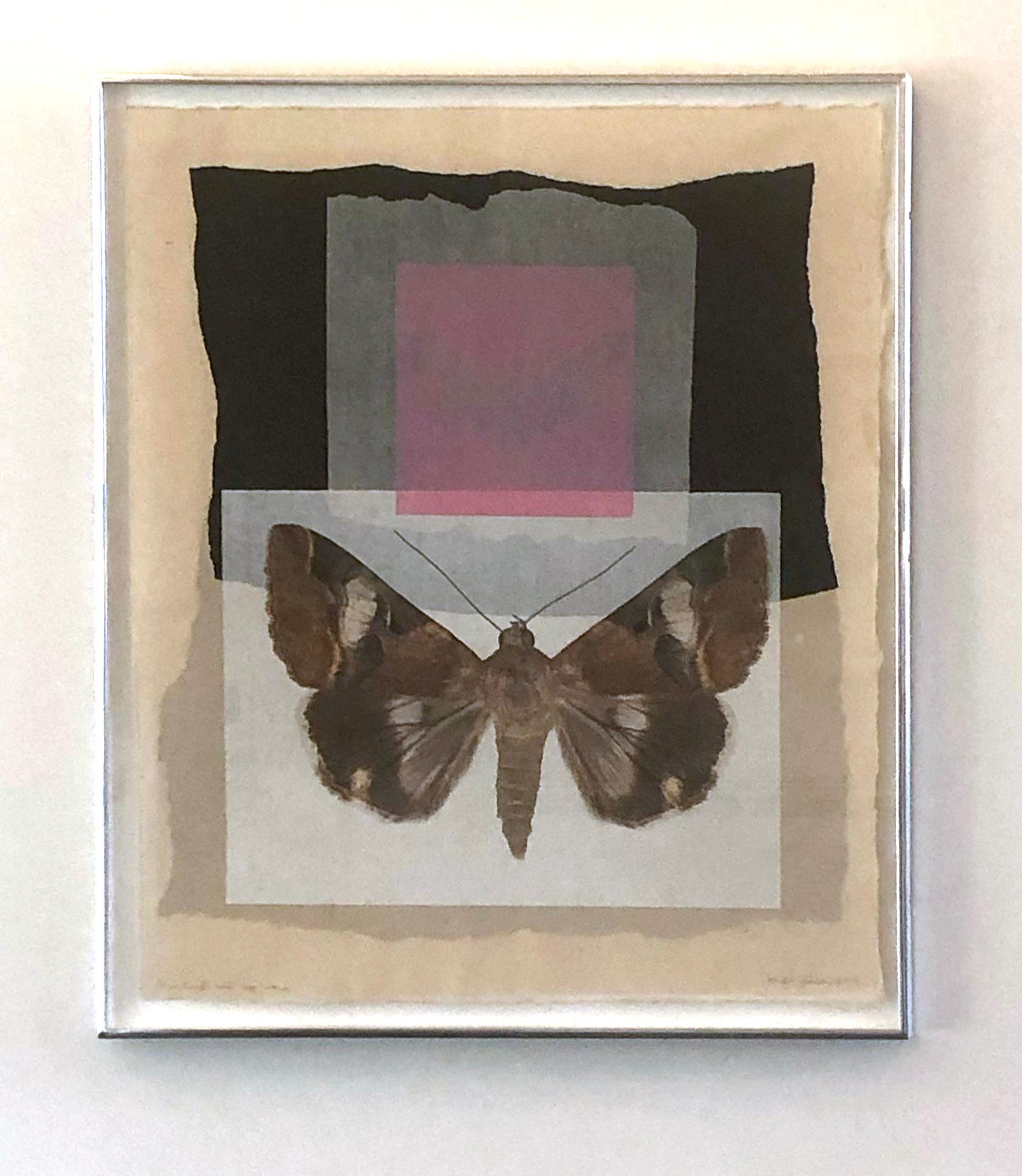Monotype contemporain encadré d'un collage de motifs papillons et de motifs naturels roses et bleus - Gris Figurative Print par Joseph Scheer