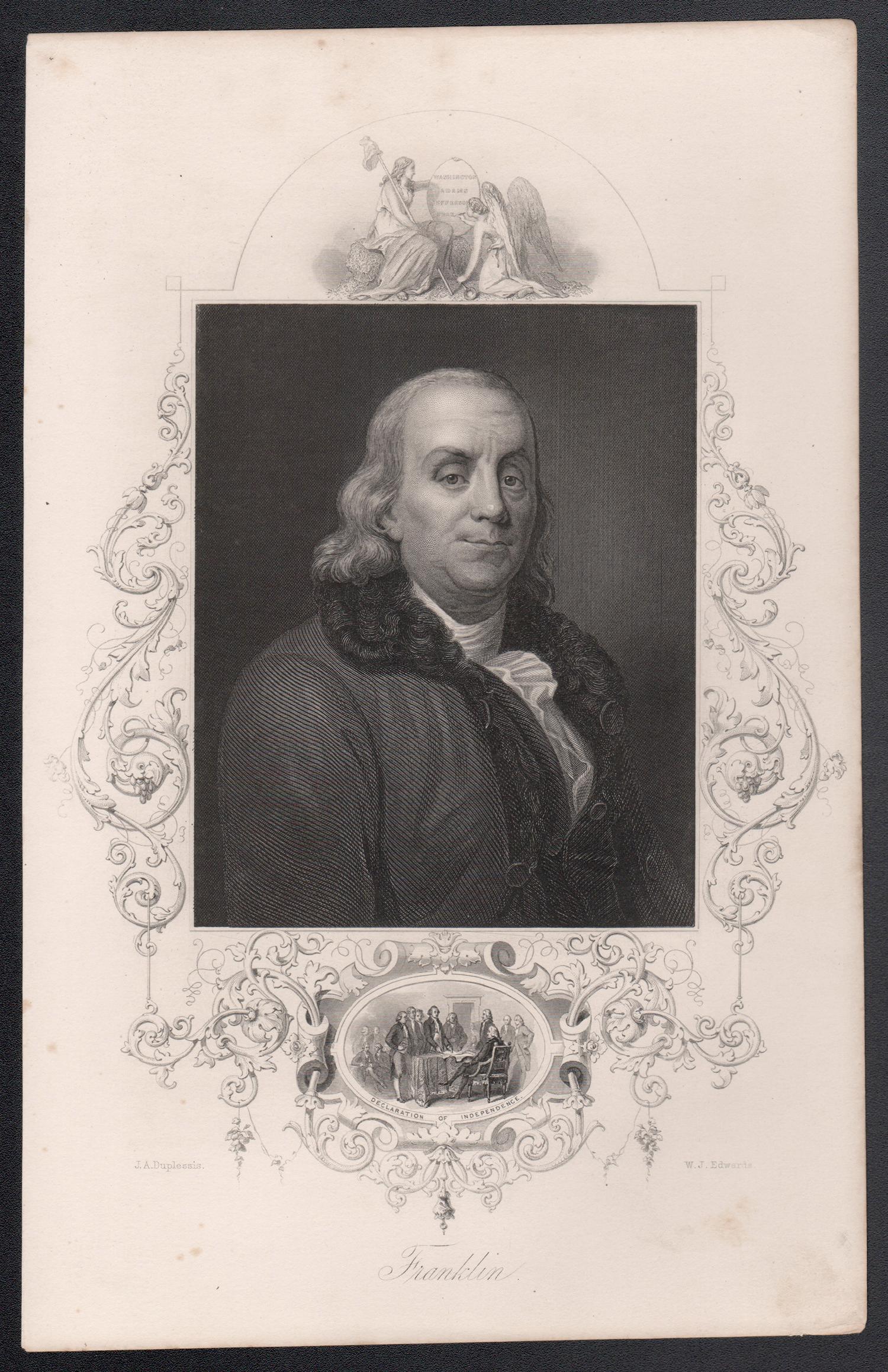 Benjamin Franklin, 19th century American political portrait engraving print - Print by Joseph Siffred Duplessis