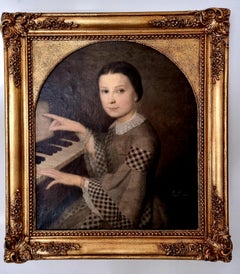  Young woman at the piano - Old Oil Portrait Painting Canvas Brown White Ivory