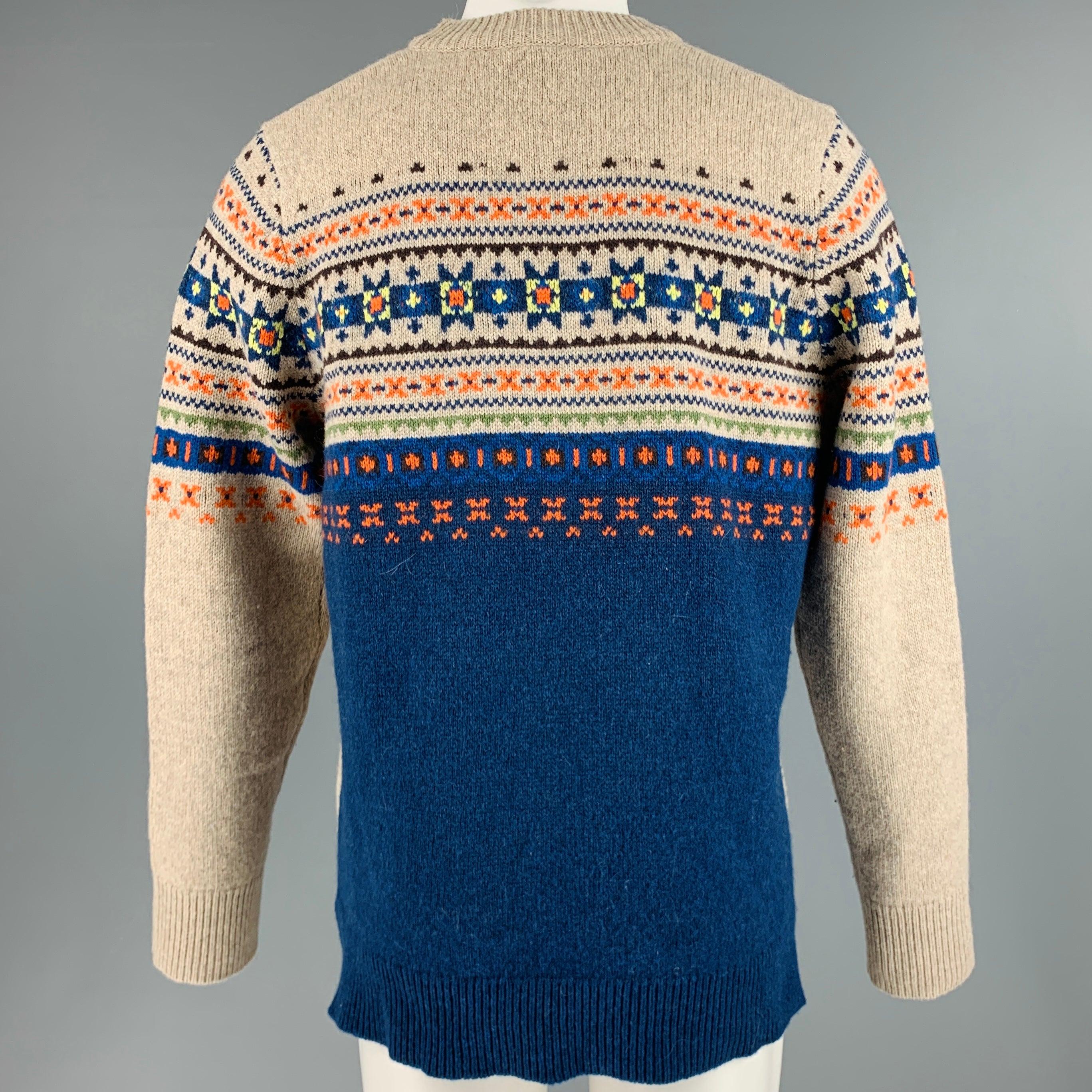Men's JOSEPH Size M Grey Blue Fair Isle Wool Crew-Neck Sweater For Sale