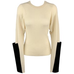 JOSEPH Size S Beige Merino Wool Waffel Knit Black Sleeve Pullover
