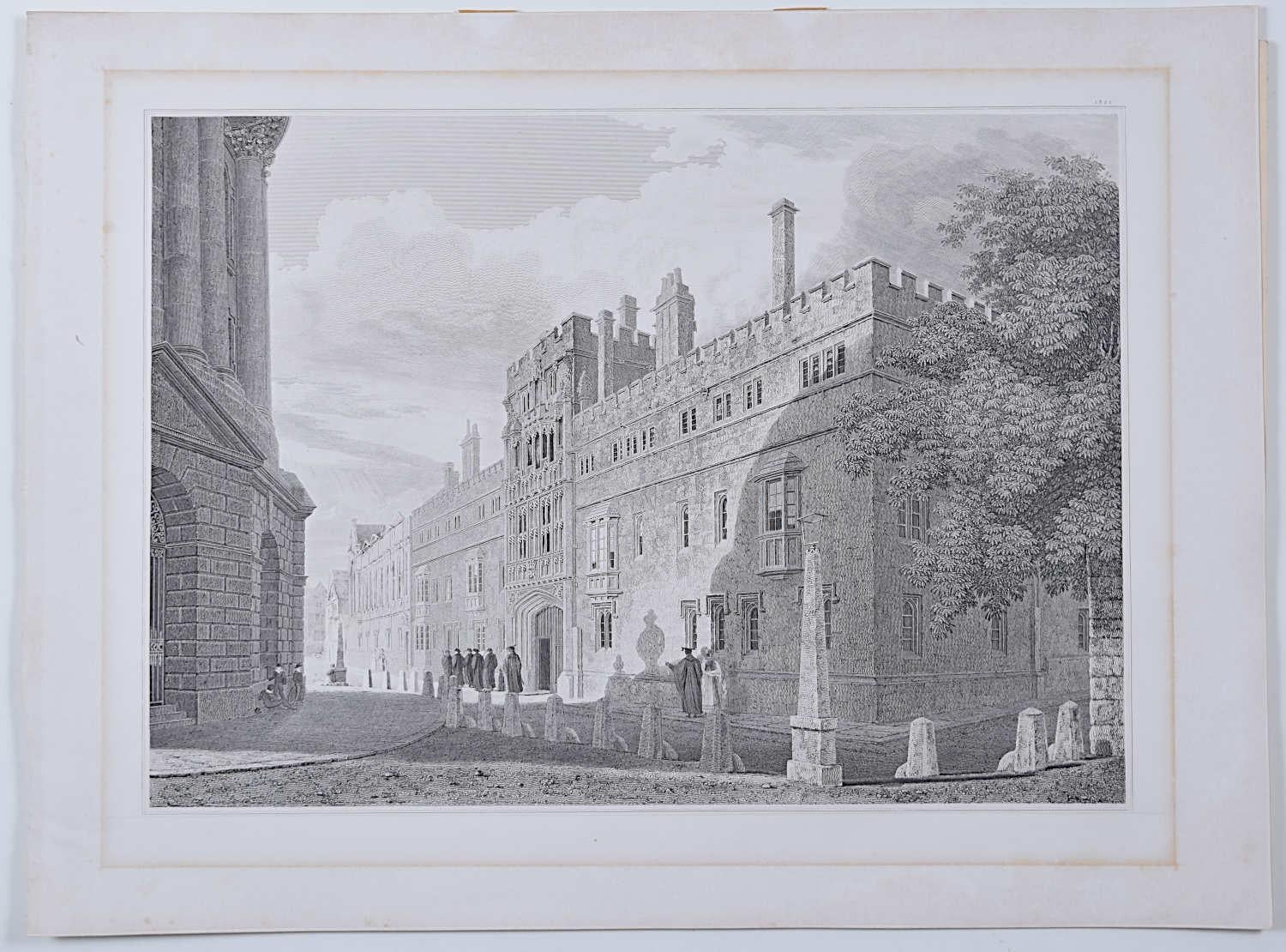 Brasenose College, Oxford and the Radcliffe Camera engraving by Joseph Skelton - Print by Joseph Skelton after Frederick Mackenzie