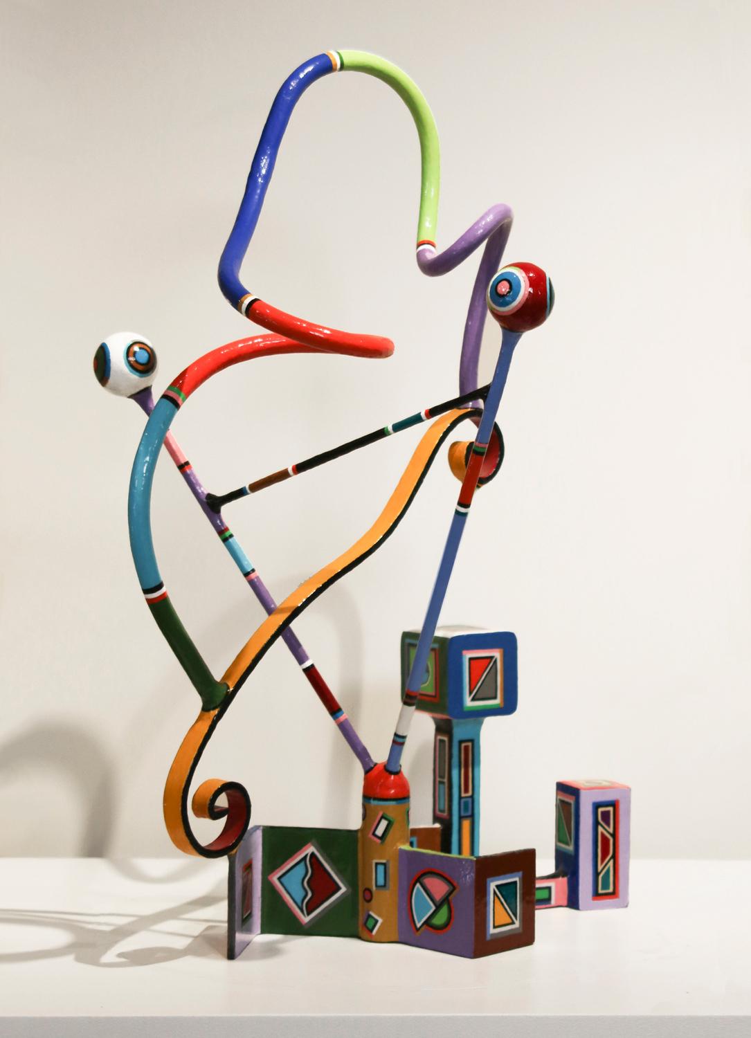 Verspielte und farbenfrohe Stahlsockelskulptur mit Acryllackierung.

Der in Kalifornien lebende Bildhauer Joseph Slusky sagt über seine Arbeit: 