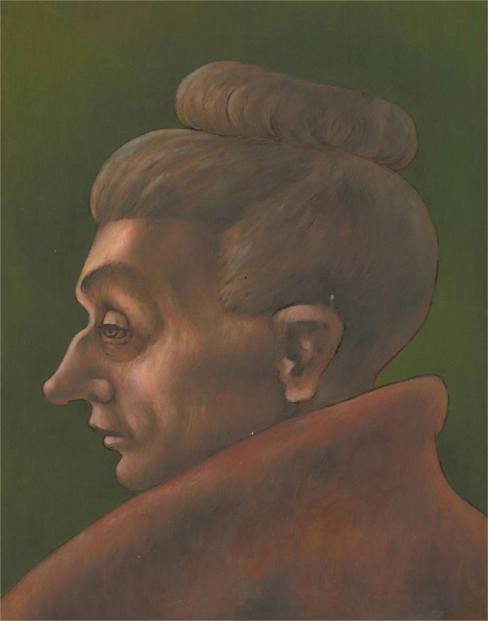 A striking portrait of a woman in profile. The portrait has been presented in a brown card mount which the artist has signed and inscribed at the lower edge. On canvas board.
