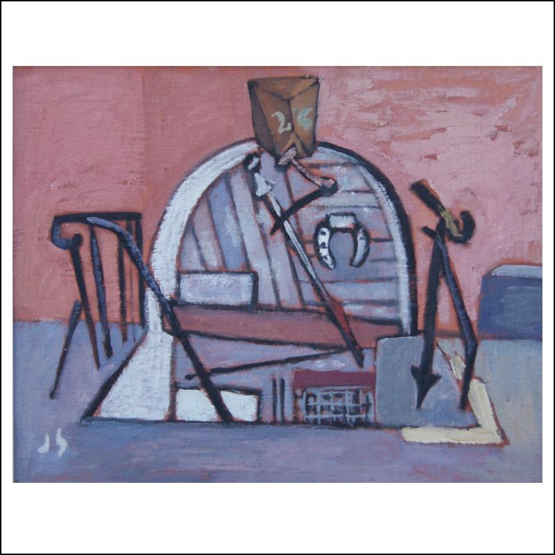 Modernisme de la scène américaine de la WPA 20e siècle NYC Industrial « Cellar with Horseshoe » (feuille avec fer à cheval) - Painting de Joseph Solman