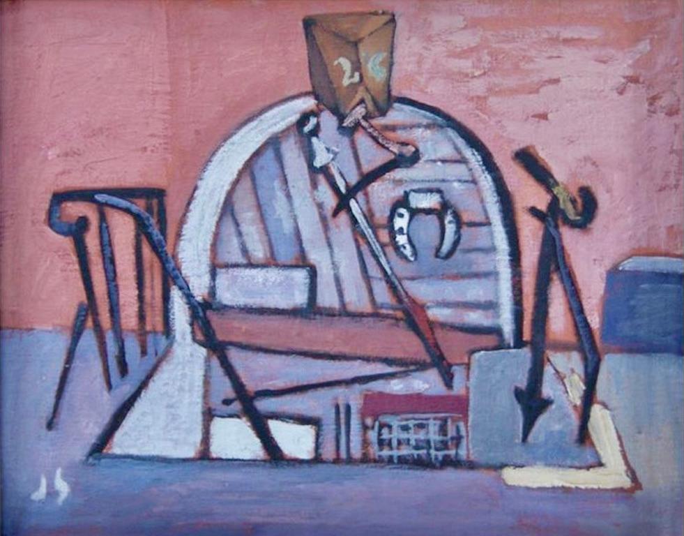 Abstract Painting Joseph Solman - Modernisme de la scène américaine de la WPA 20e siècle NYC Industrial « Cellar with Horseshoe » (feuille avec fer à cheval)