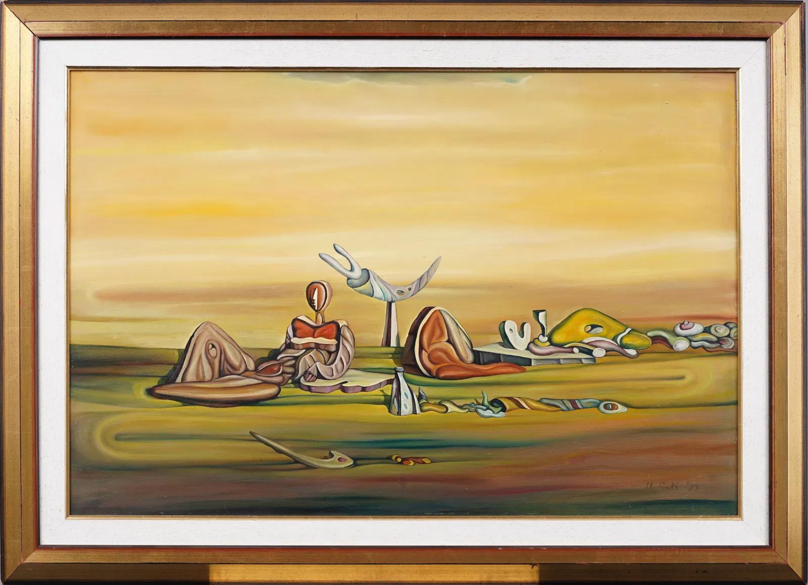 Ungarische surreale abstrakte Akt-Figurenlandschaft, gerahmtes Ölgemälde, Vintage – Painting von Joseph Soma Guti 