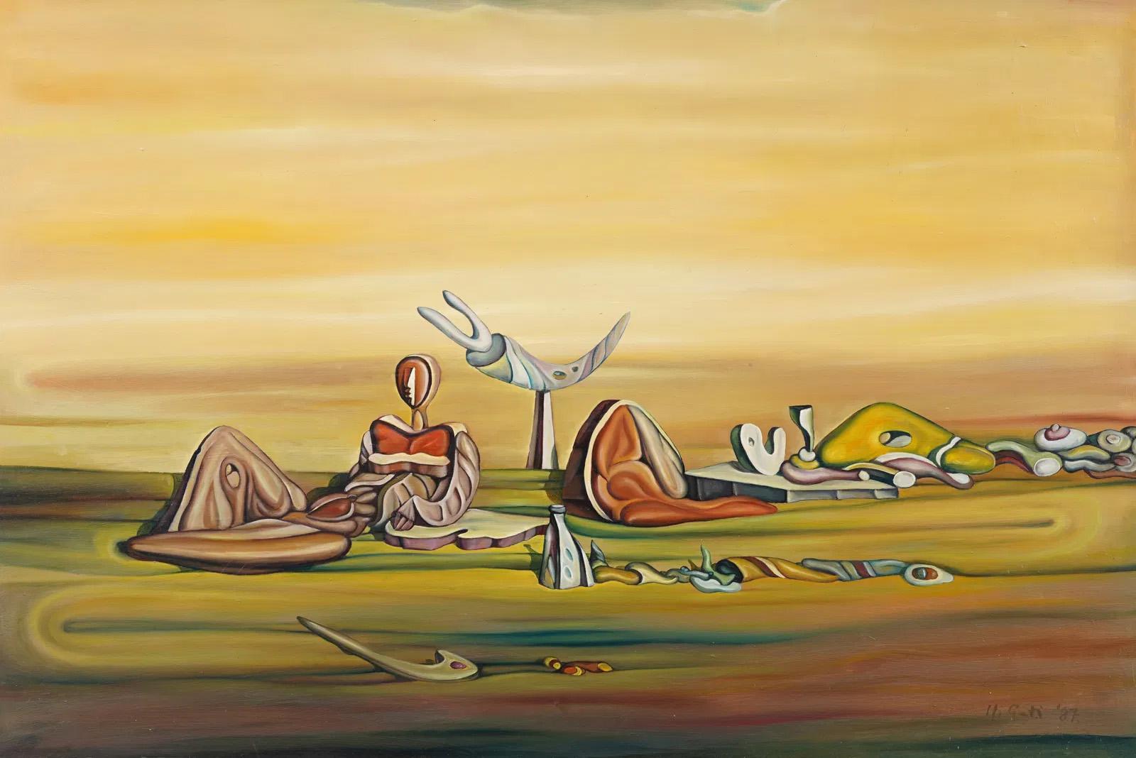 Ungarische surreale abstrakte Akt-Figurenlandschaft, gerahmtes Ölgemälde, Vintage (Surrealismus), Painting, von Joseph Soma Guti 