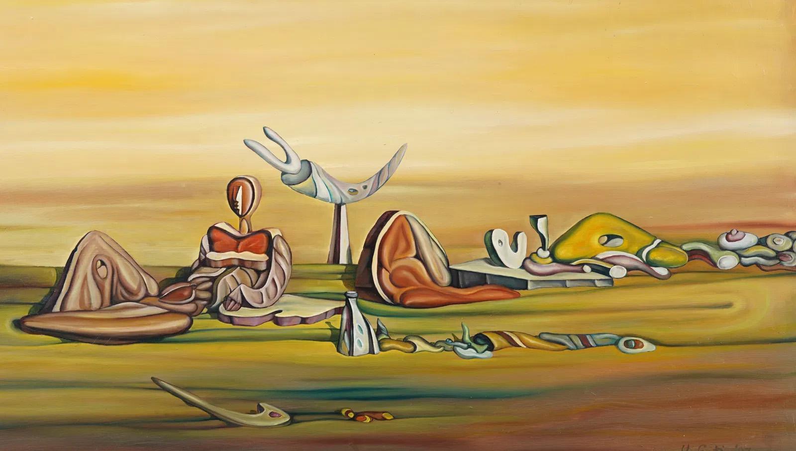 Ungarische surreale abstrakte Akt-Figurenlandschaft, gerahmtes Ölgemälde, Vintage (Beige), Abstract Painting, von Joseph Soma Guti 