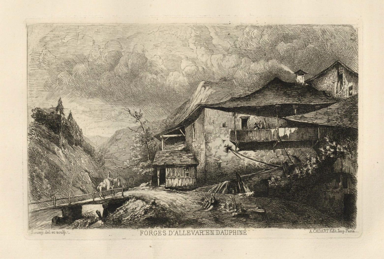 "Forges d'Allevar en Dauphine" original etching - Print by Joseph Soumy