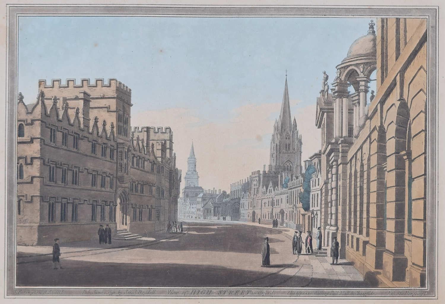 Landscape Print Joseph Stadler - La High Street avec Queen's & University College, par Stadler d'après Farington