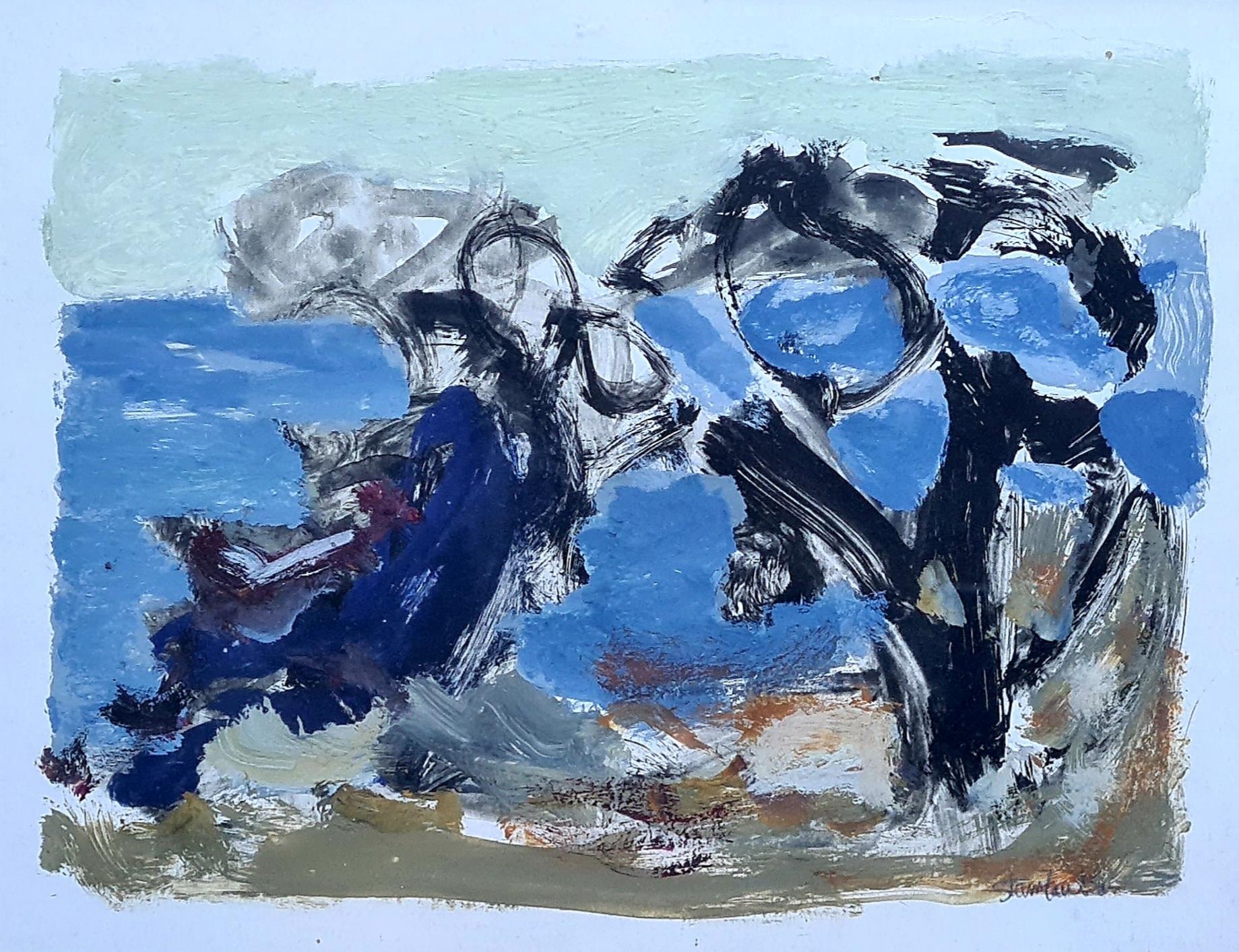 Quadro espressionista francese, 'Vista sul mare con alberi'. Olio su carta.