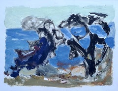 Französisches expressionistisches Gemälde, "Blick auf das Meer mit Bäumen". Öl auf Papier.